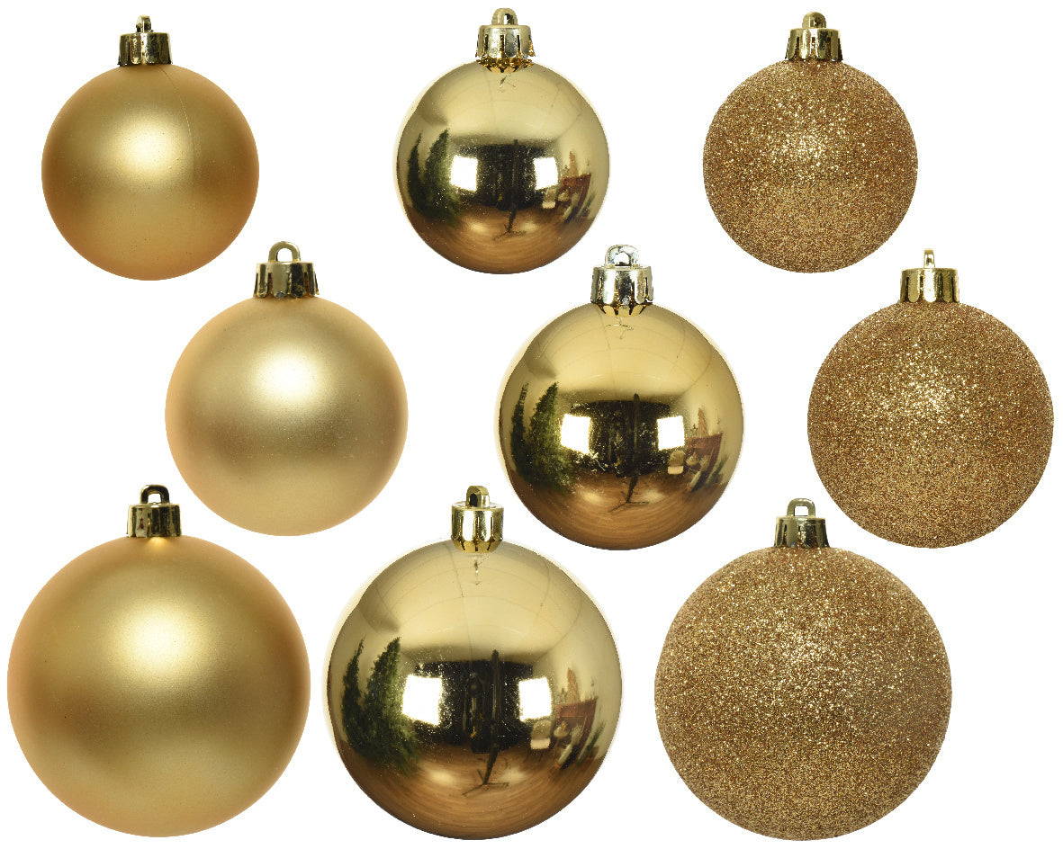Kerstballen kunststof goud shiny, matt, glitter mix