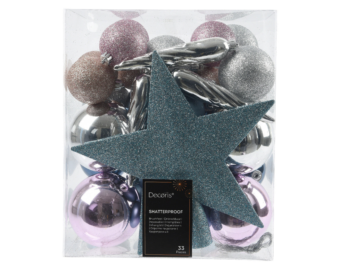 Kerstornamenten set: glitterster in donkerblauw en metalen kerstballen in doos.