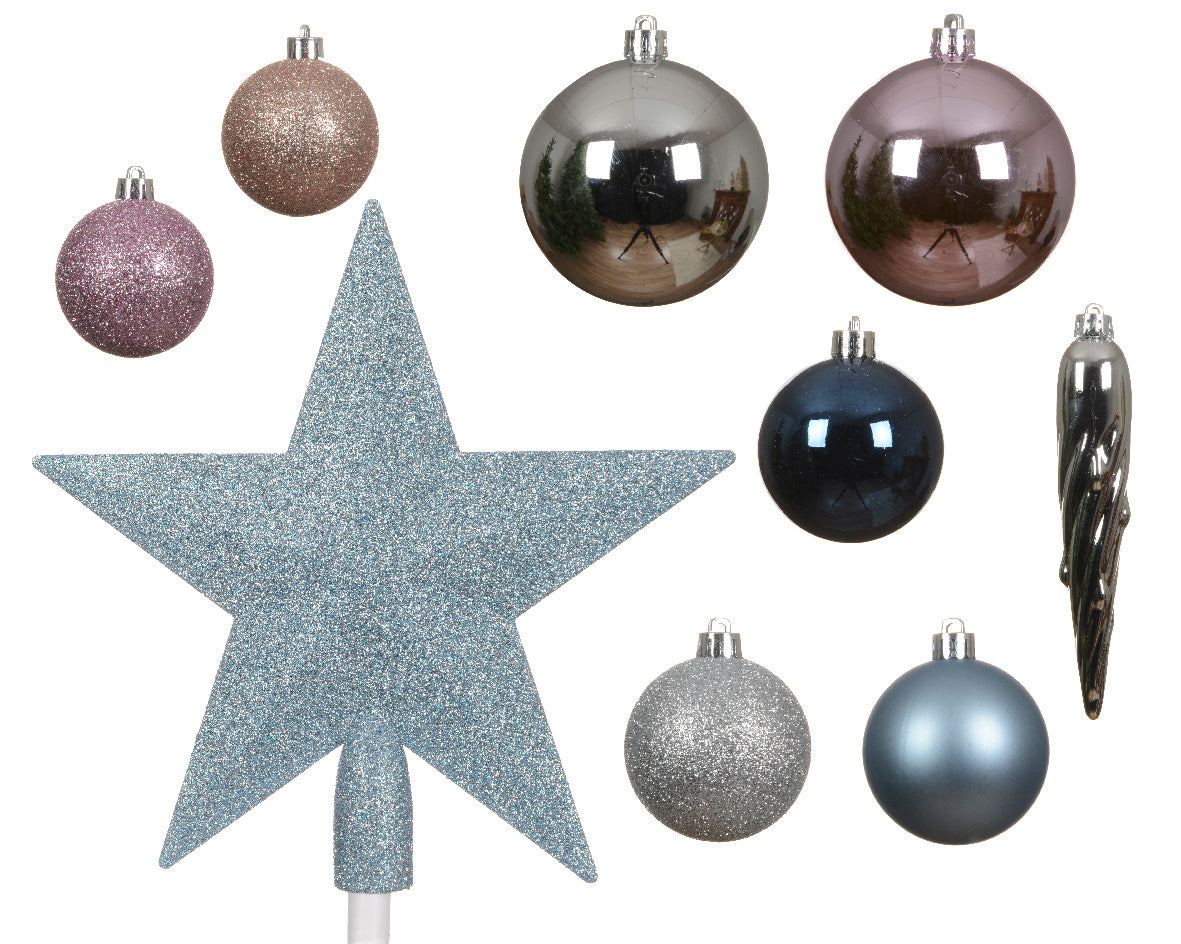 Kerstornamenten set met glitterster en mix kerstballen: zilver, paars, blauw en zwart.