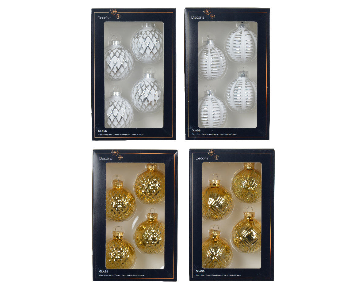 Kerstballen van glas in doos, zilverkleurige en goudkleurige assorti, 4 stuks