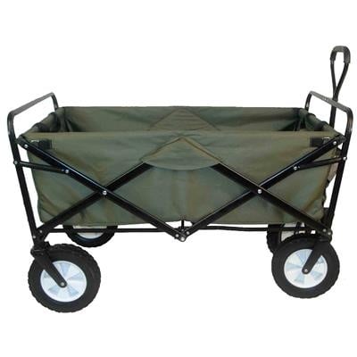 Groene bolderwagen met open canvasbak en zwarte wielen, X-stel