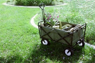 Groene bolderwagen met canvasbak en duwbeugel, wielen met licht profiel