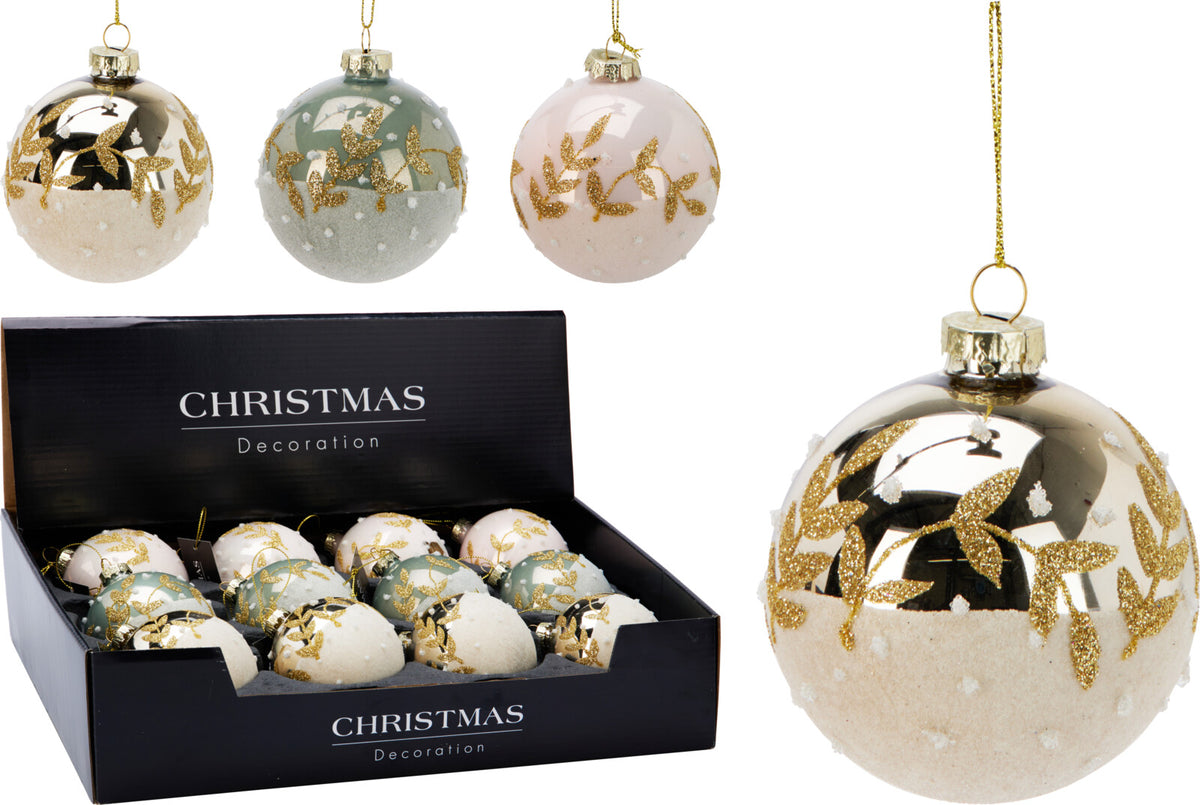 Assortiment kerstballen met gouden glittertakjes, rond, met ophanglus
