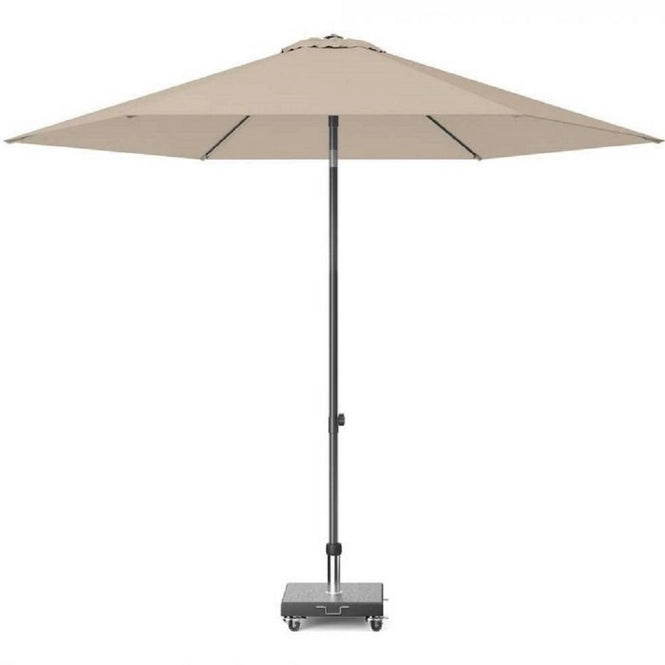 Platinum parasol Lisboa met ronde doek, taupe kleur, metalen frame op voet