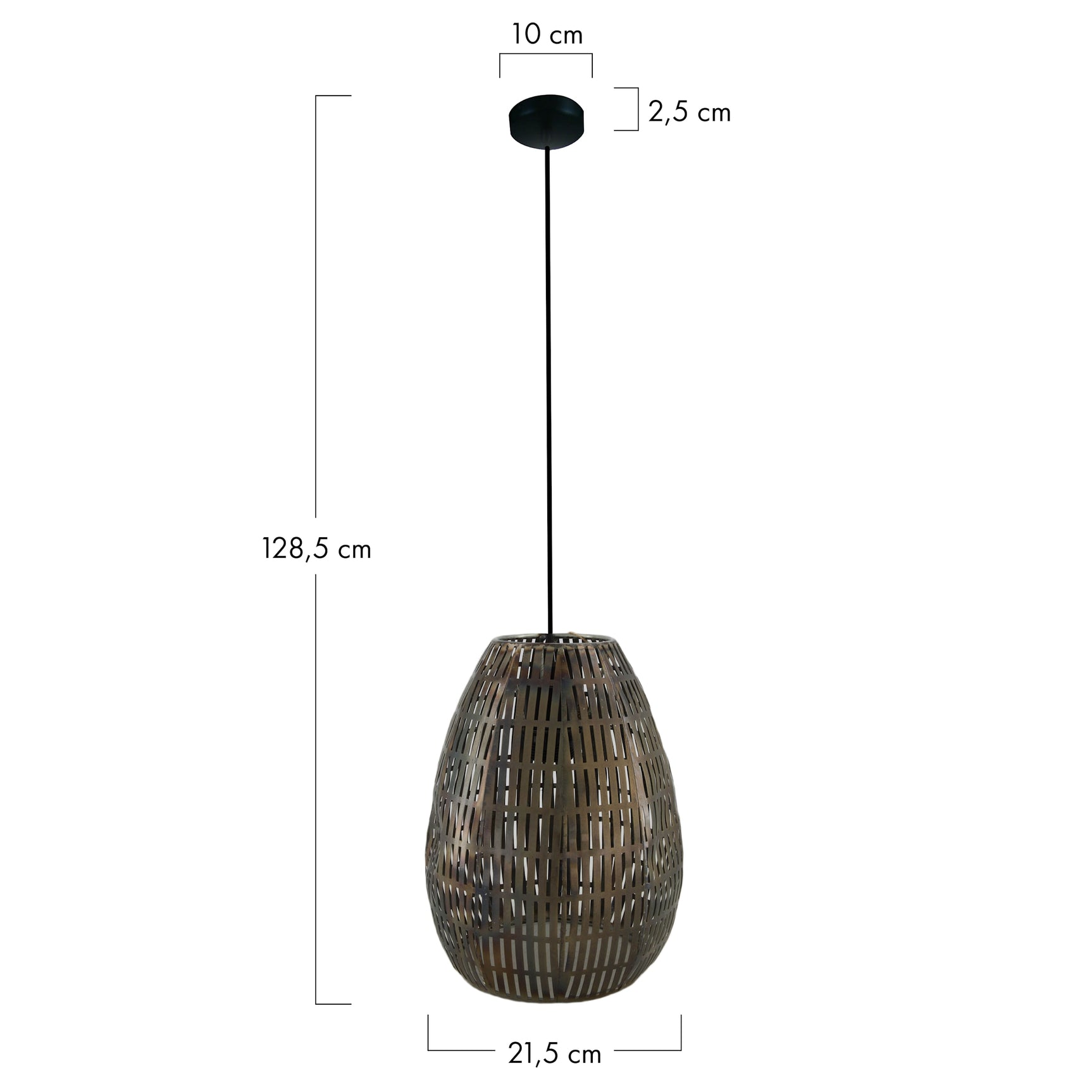 Hanglamp van metaal met zwarte plafondkap en bruine peervormige gevlochten lampenkap