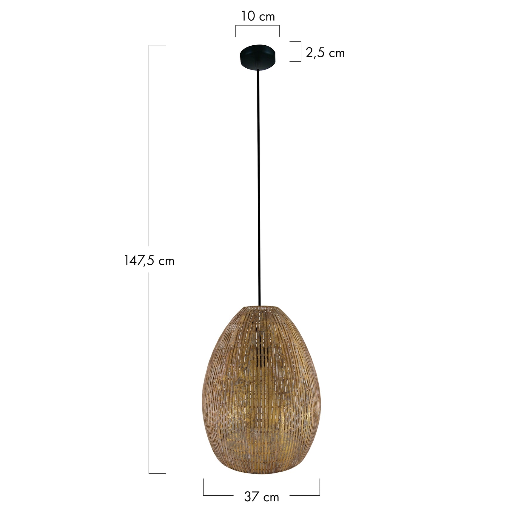 Hanglamp metalen kap met ronde zwarte ophangbeugel en ovale gevlochten lampenkap