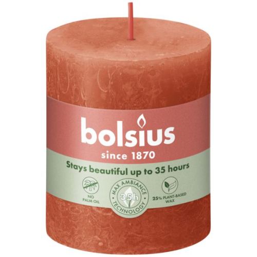 Stompkaars Bolsius rustiek aards oranje, cilindrisch met label en lont