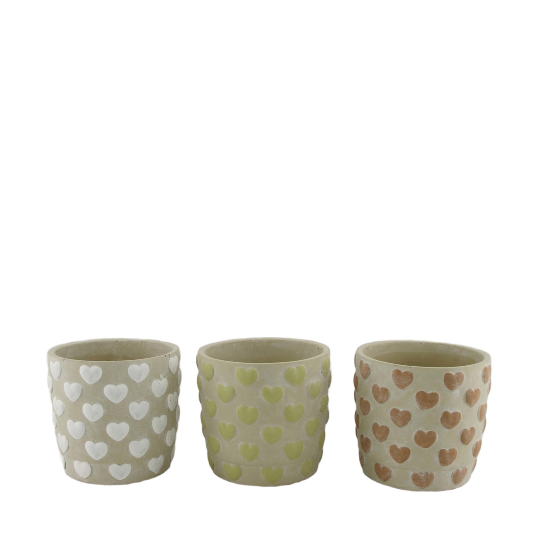 Keramische bloempotenset met hartpatroon, drie potten in beige, groen en bruin.