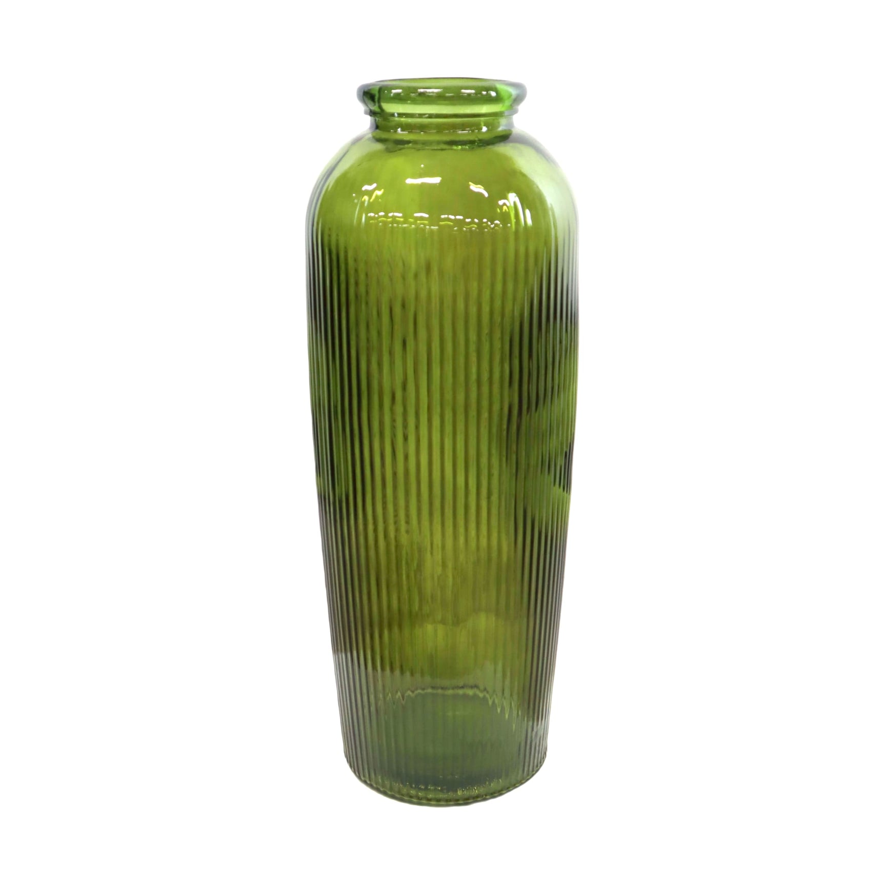 Groene ribbel glazen vaas van gerecycled glas, smalle hals en ronde buik