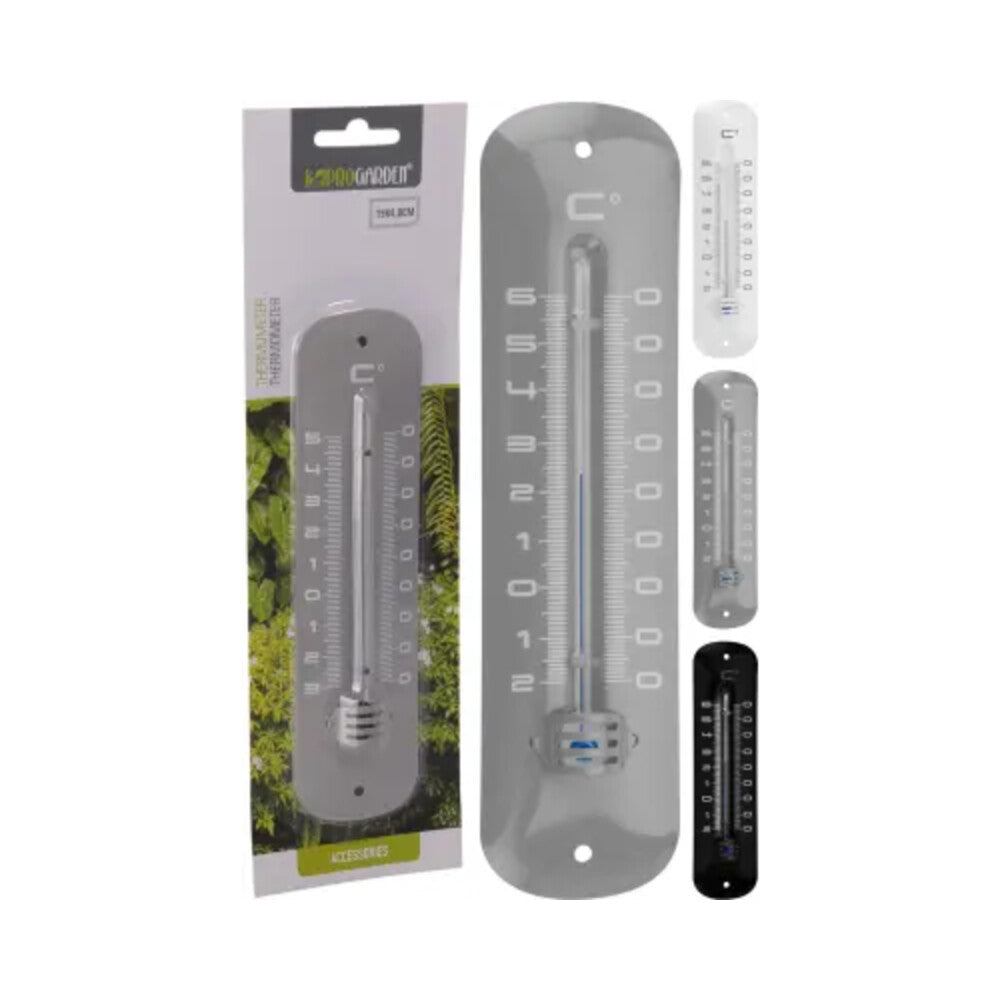 Metalen thermometer 19 cm met Celsius-schaal en grijze behuizing