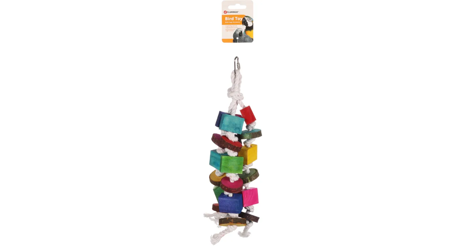Kralenhanger met kleurrijke kralen en blokken, met ophangoog en label