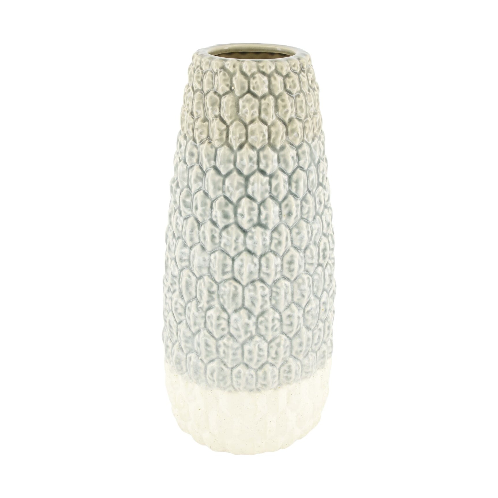 Keramische vaas, beige met reliëf patroon en ronde opening, 14x14x34,5 cm