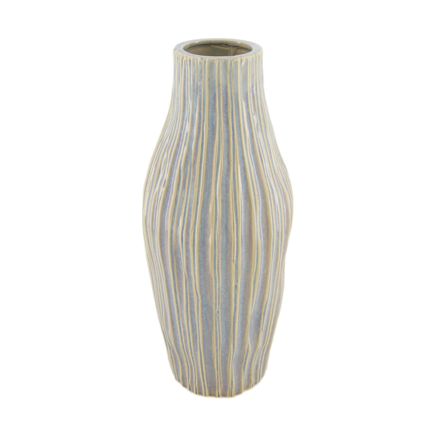Keramische vaas met gestreept relief, smalle hals, licht beige met blauwe lijnen