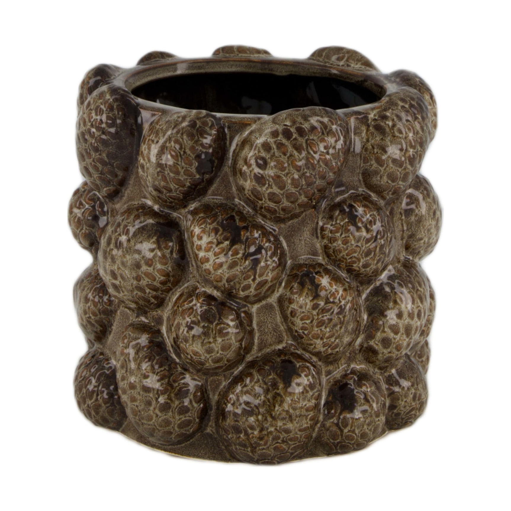 Keramische bloempot met dennenappelreliëf, donkerbruin bronskleurig, brede opening