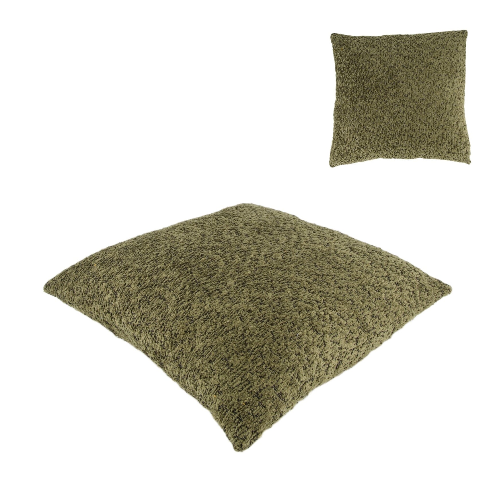 Polyester kussen 45x45x8 cm olijfgroen met grove, stoffen structuur