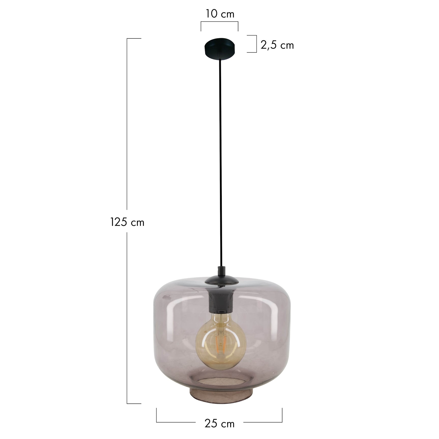 Hanglamp van rookglas met ronde kap en zwarte ophangbeugel, Ø25 cm