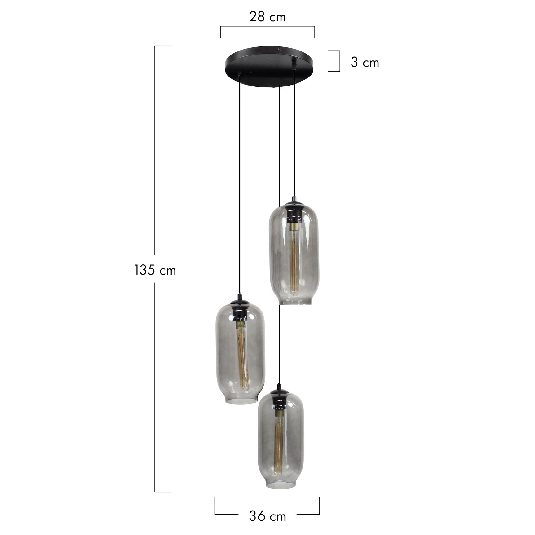 Hanglamp met drie glazen cilinderkappen en zwarte ronde plafondhouder