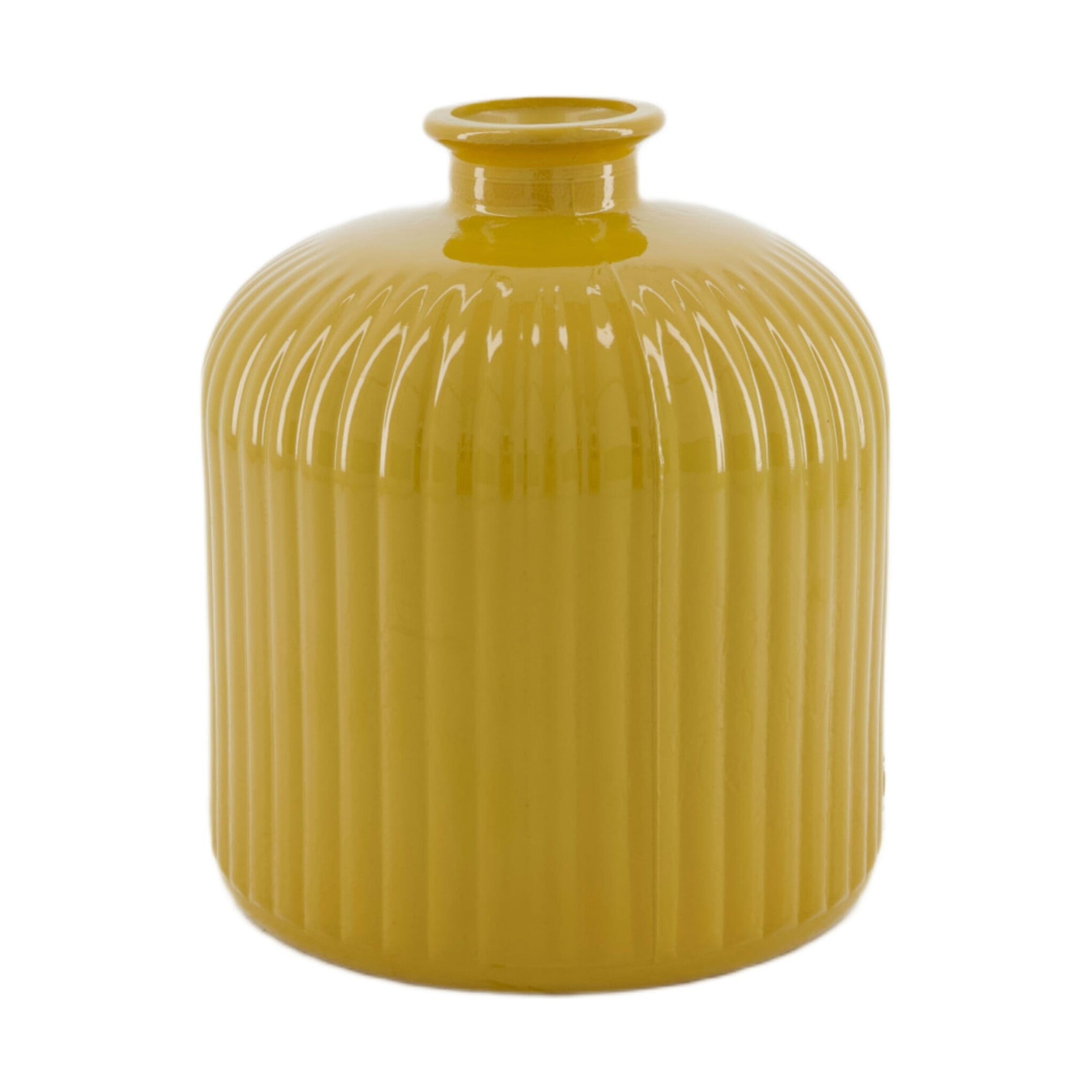Fles van gerecycled glas in mosterdgeel met ribbelstructuur en smalle hals