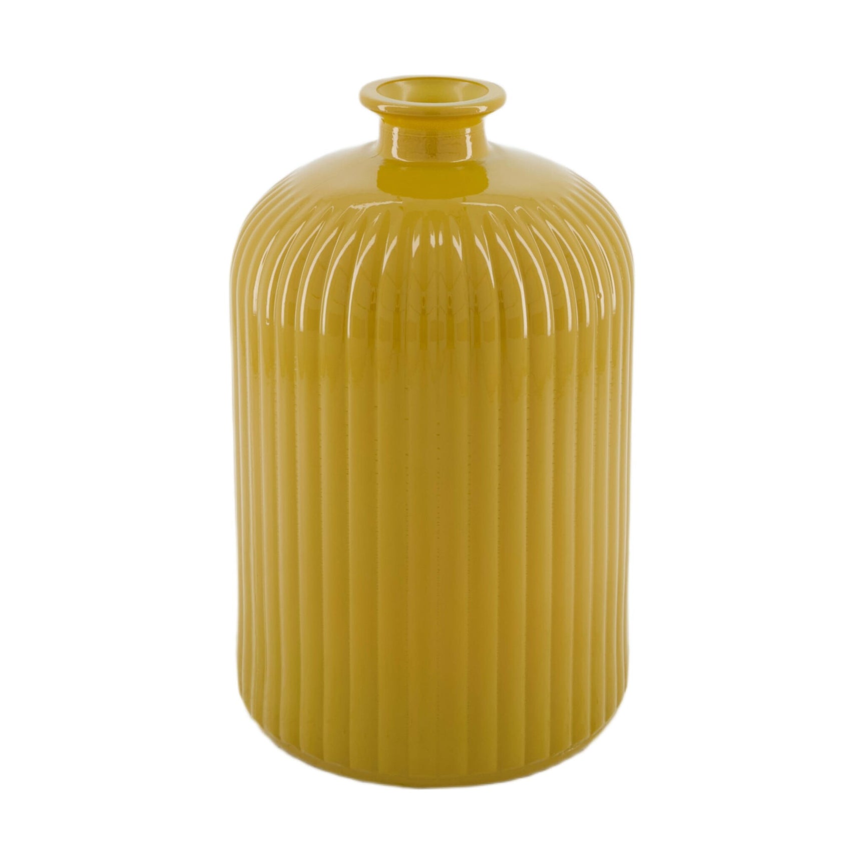 Gele fles van gerecycled glas met geribd patroon, 23 cm hoog