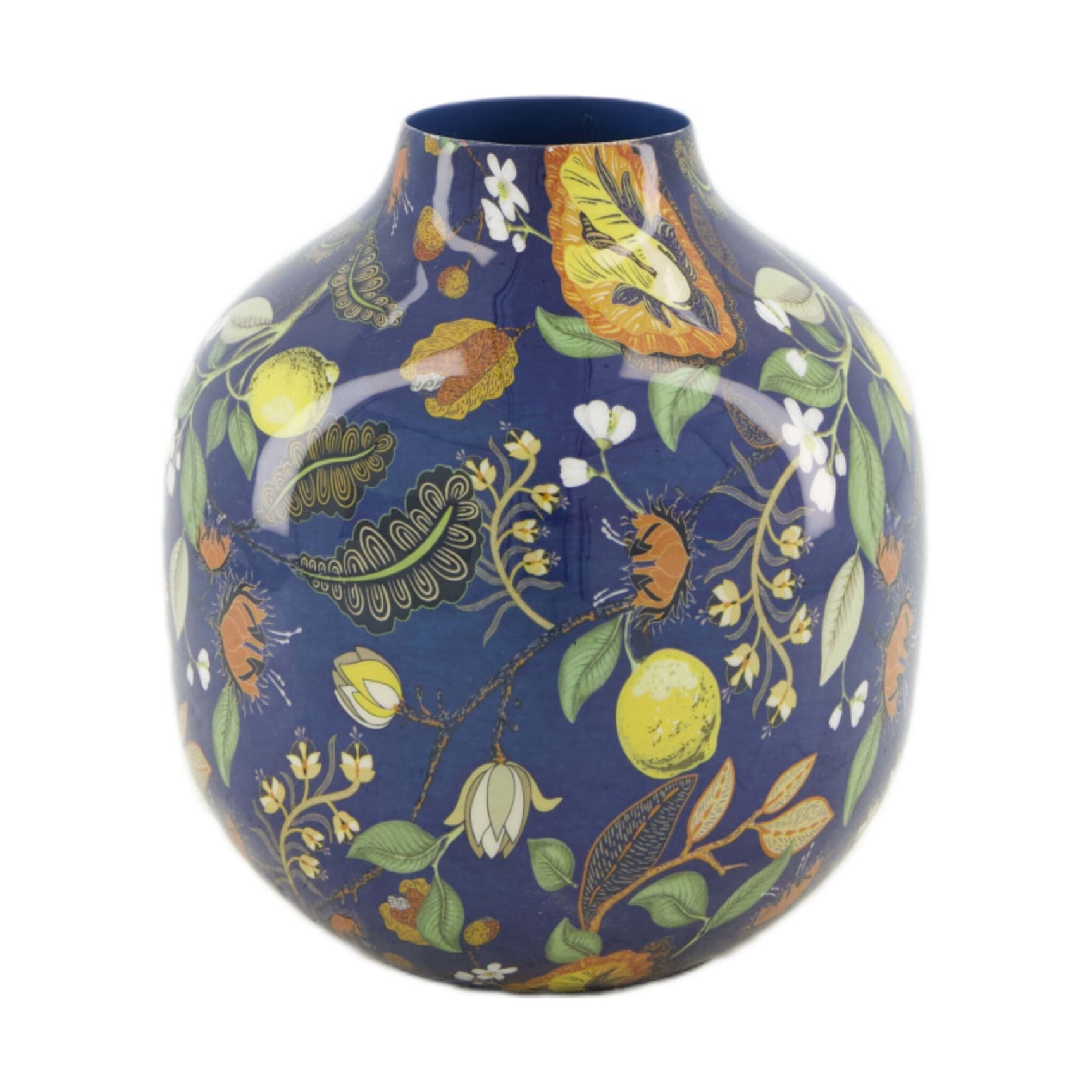 Blauwe metalen vaas met citrus- en bloemenprint, rond model