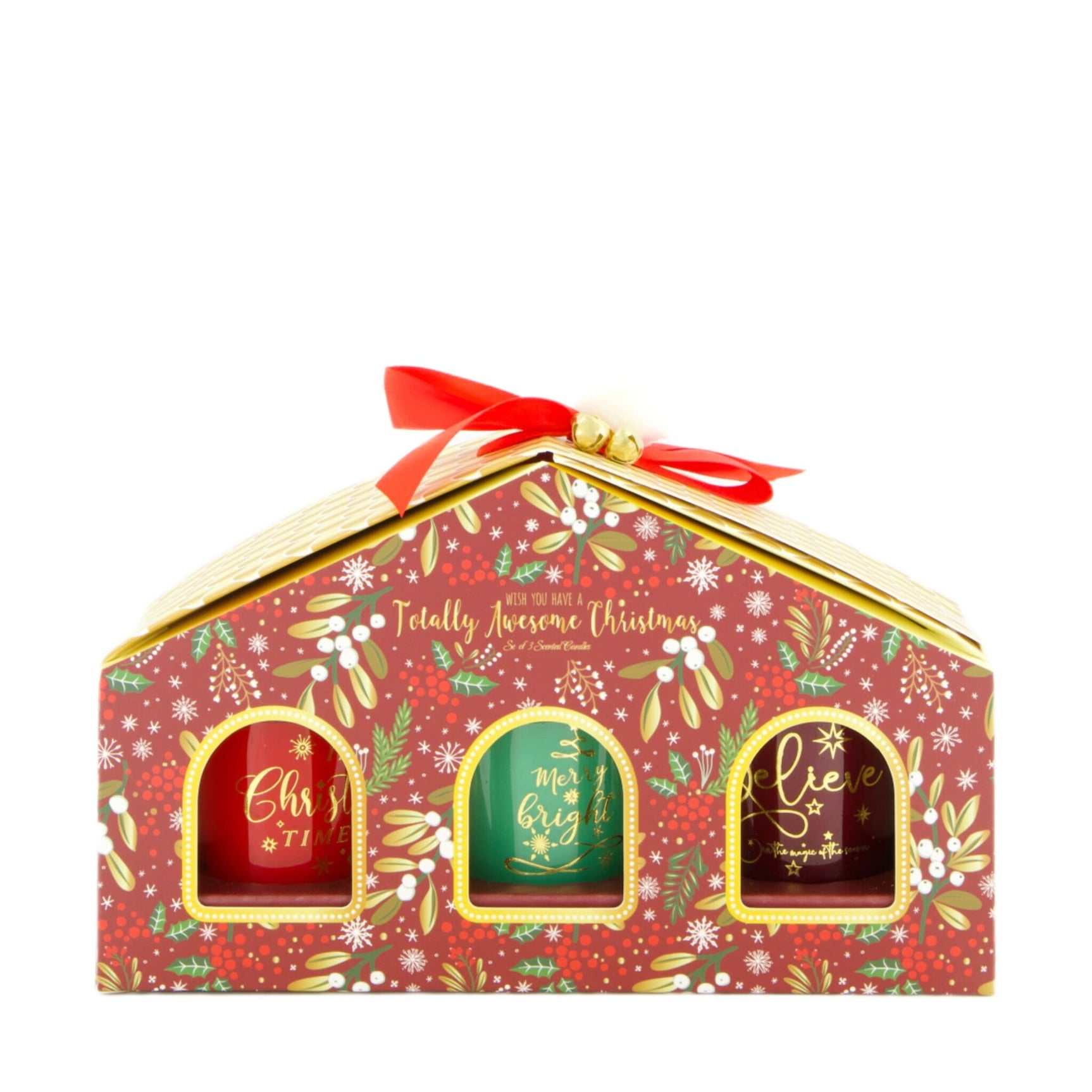 Decoratieve huisvorm kaarsenset in rood met gouden details en strik, 3-delig
