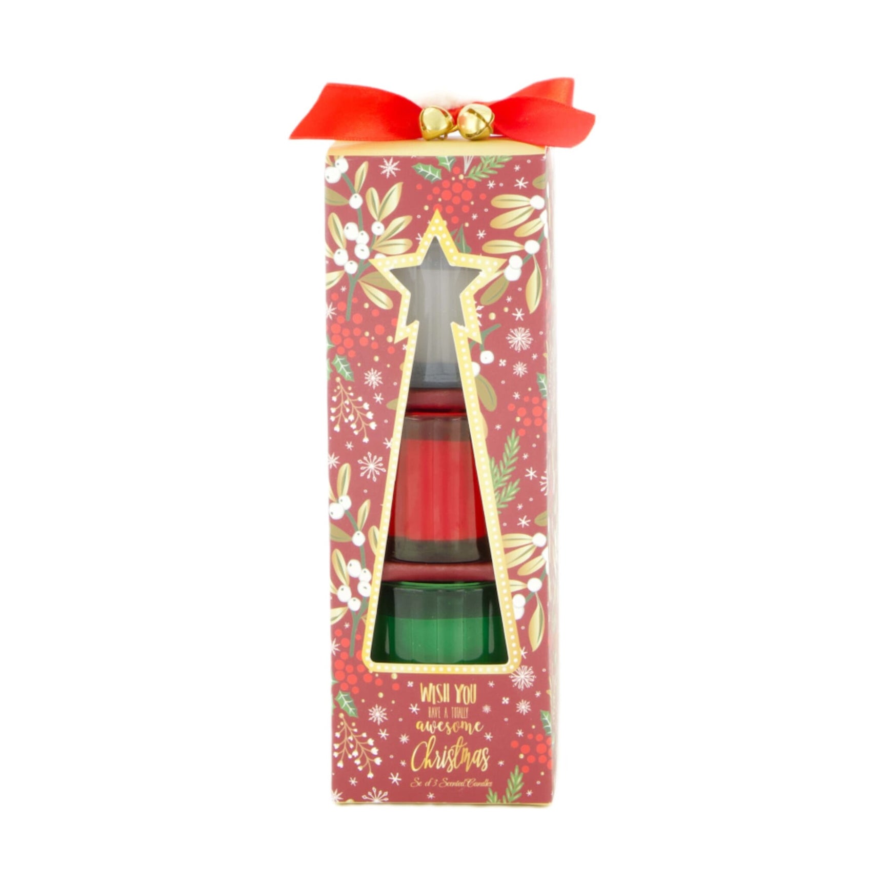 Kaarsenset in decoratieve rode cadeauverpakking met strik