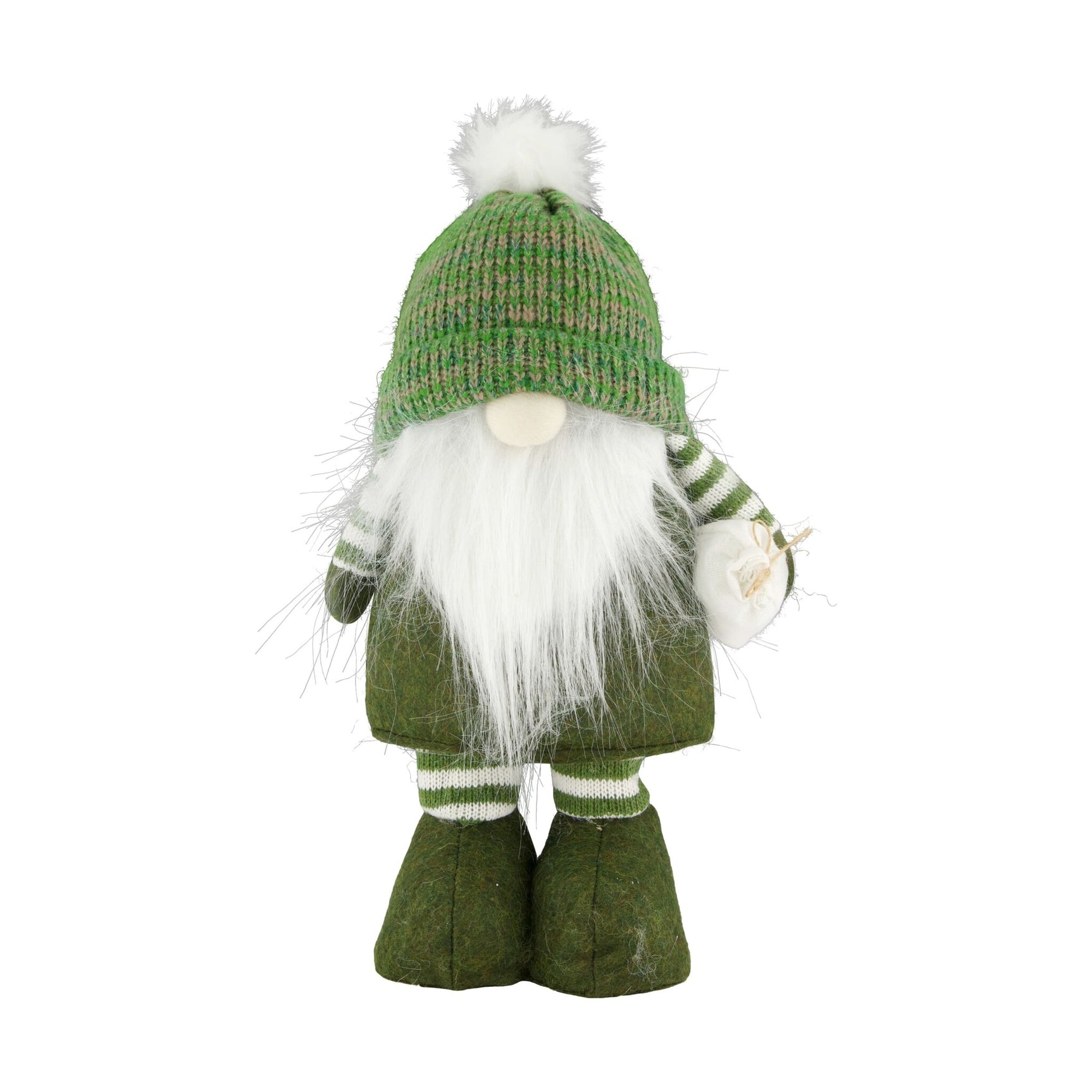 Decoratieve gnomfiguur met groene gestreepte trui, witte baard en harige muts