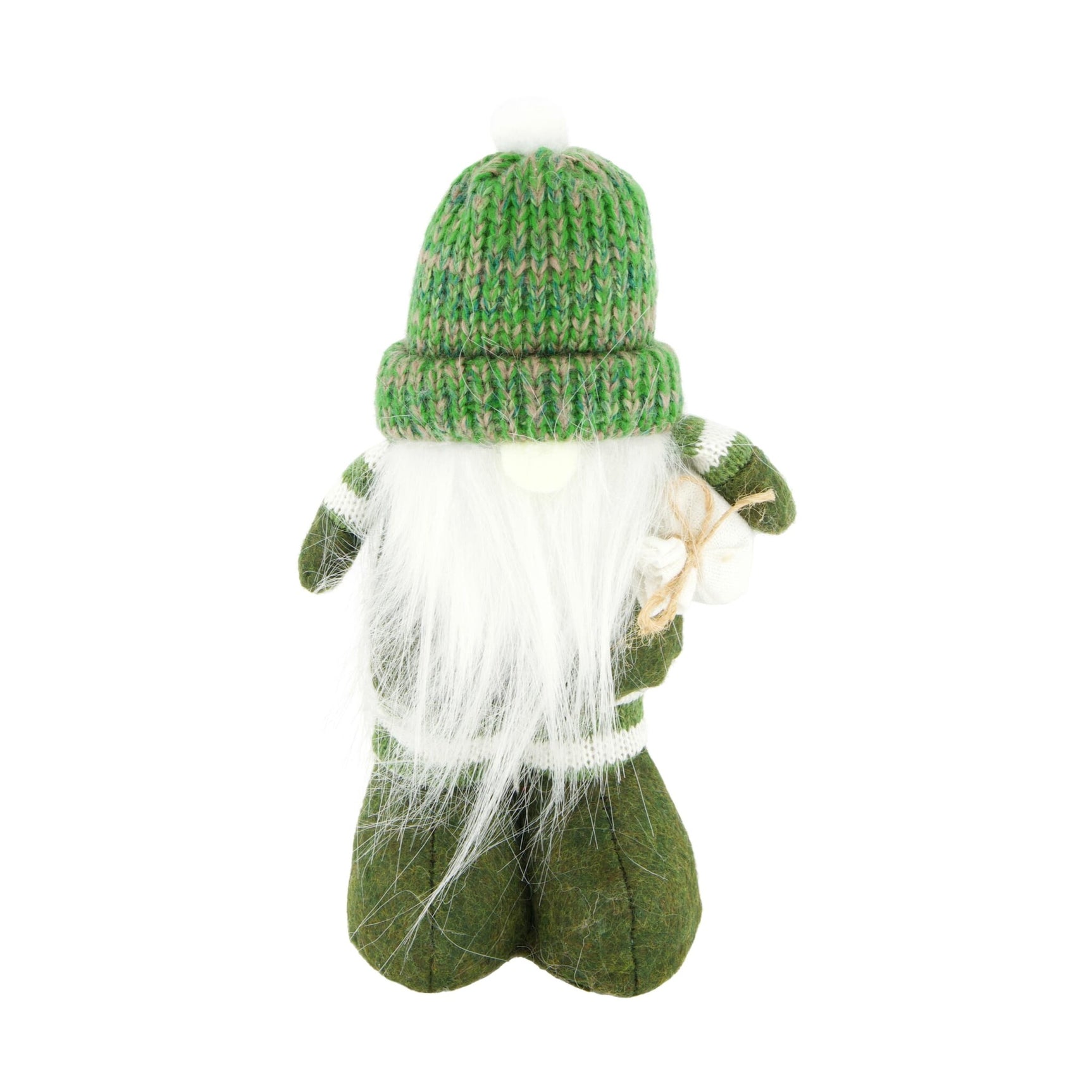Kabouterfiguur met groene gebreide muts, witte baard en groene broek