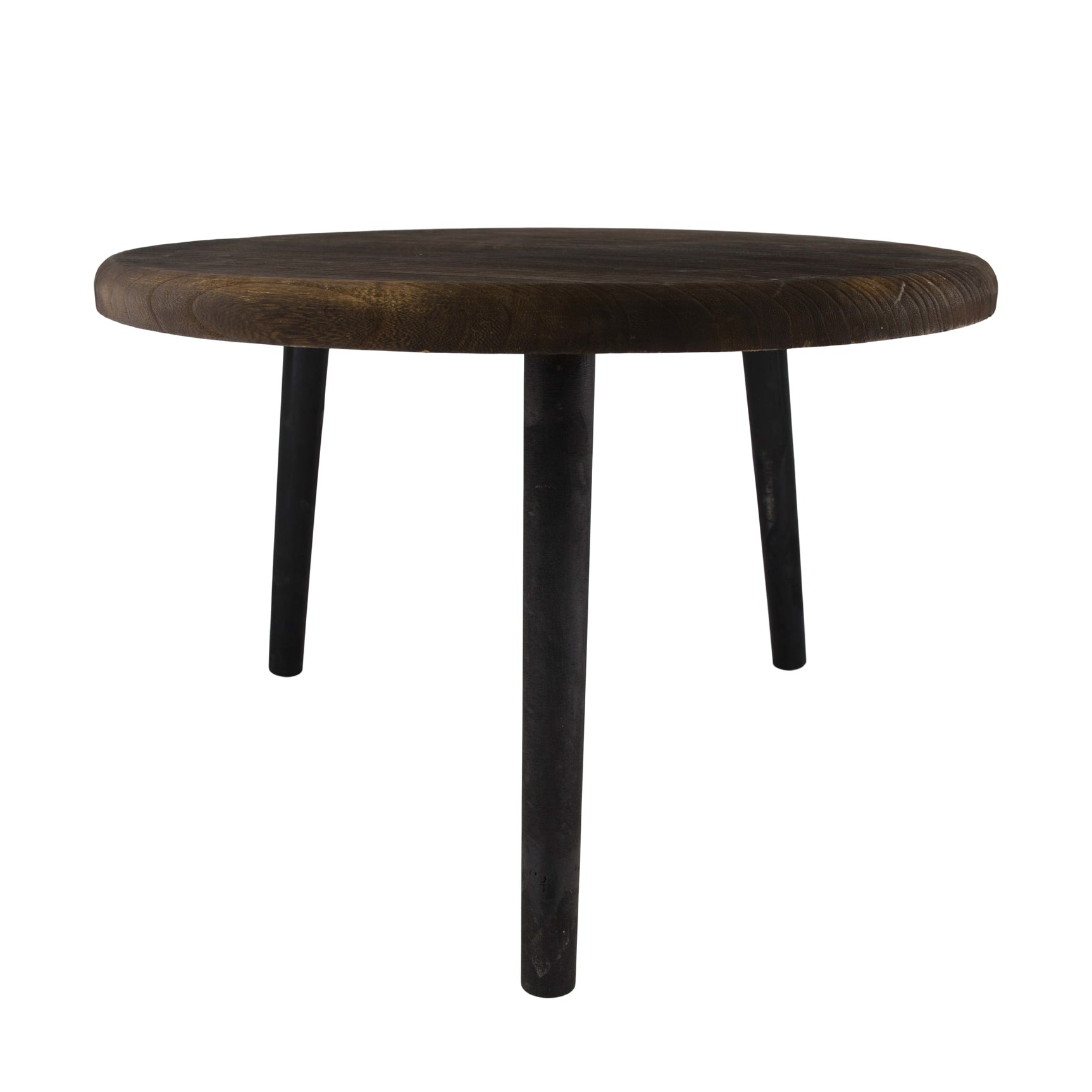 Ronde bijzettafel van paulownia hout met donker blad en drie slanke poten
