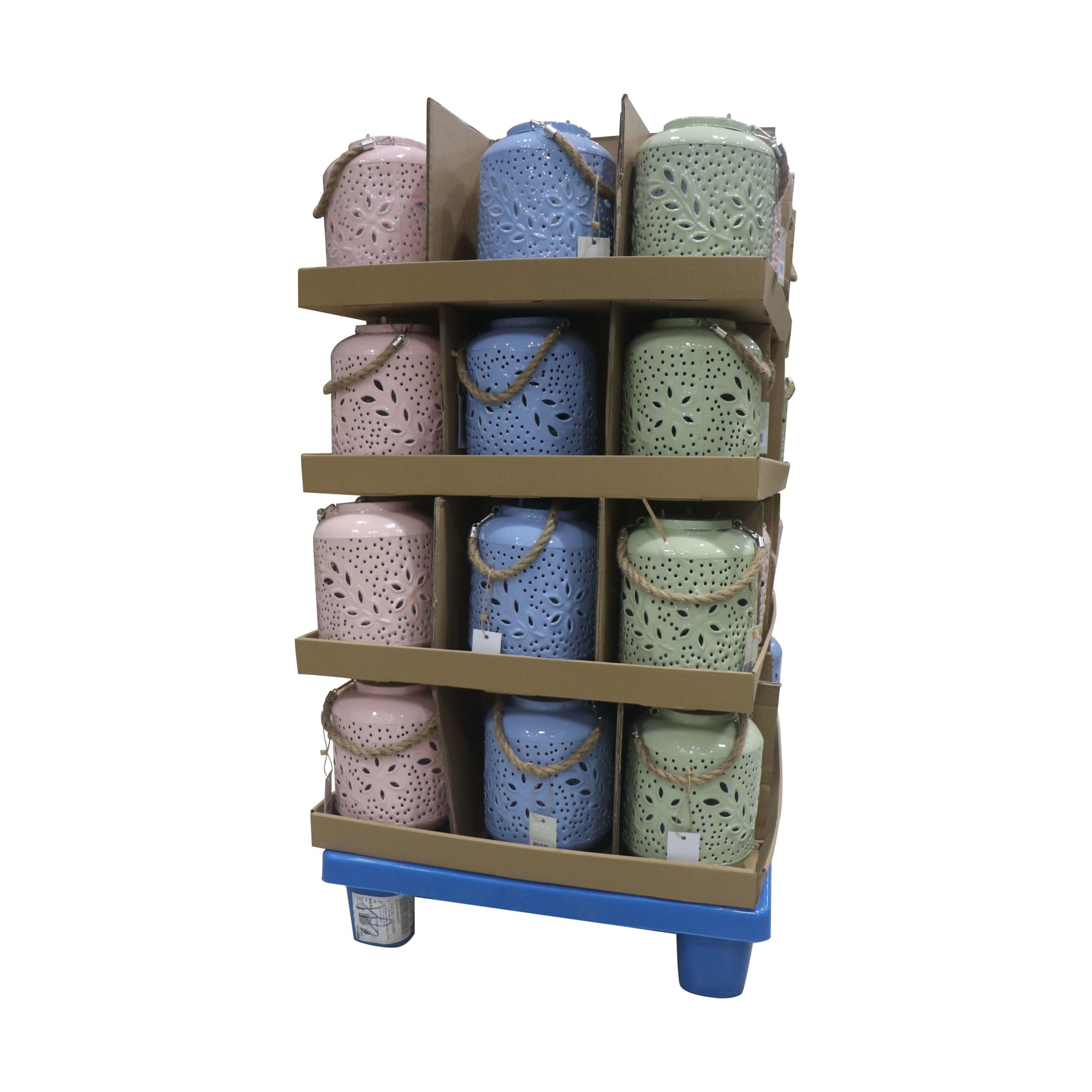 Metalen solar lantaarnhouder met meerdere geperforeerde lantaarns in paars, blauw en groen