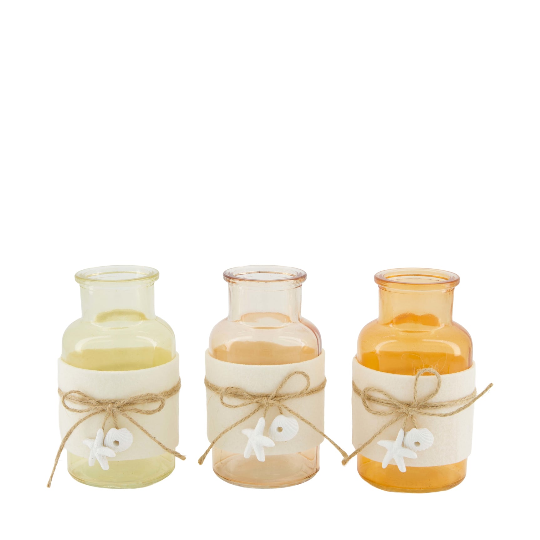 Set van drie glazen flesjes met kurken, touwstrik en decoratieve labels