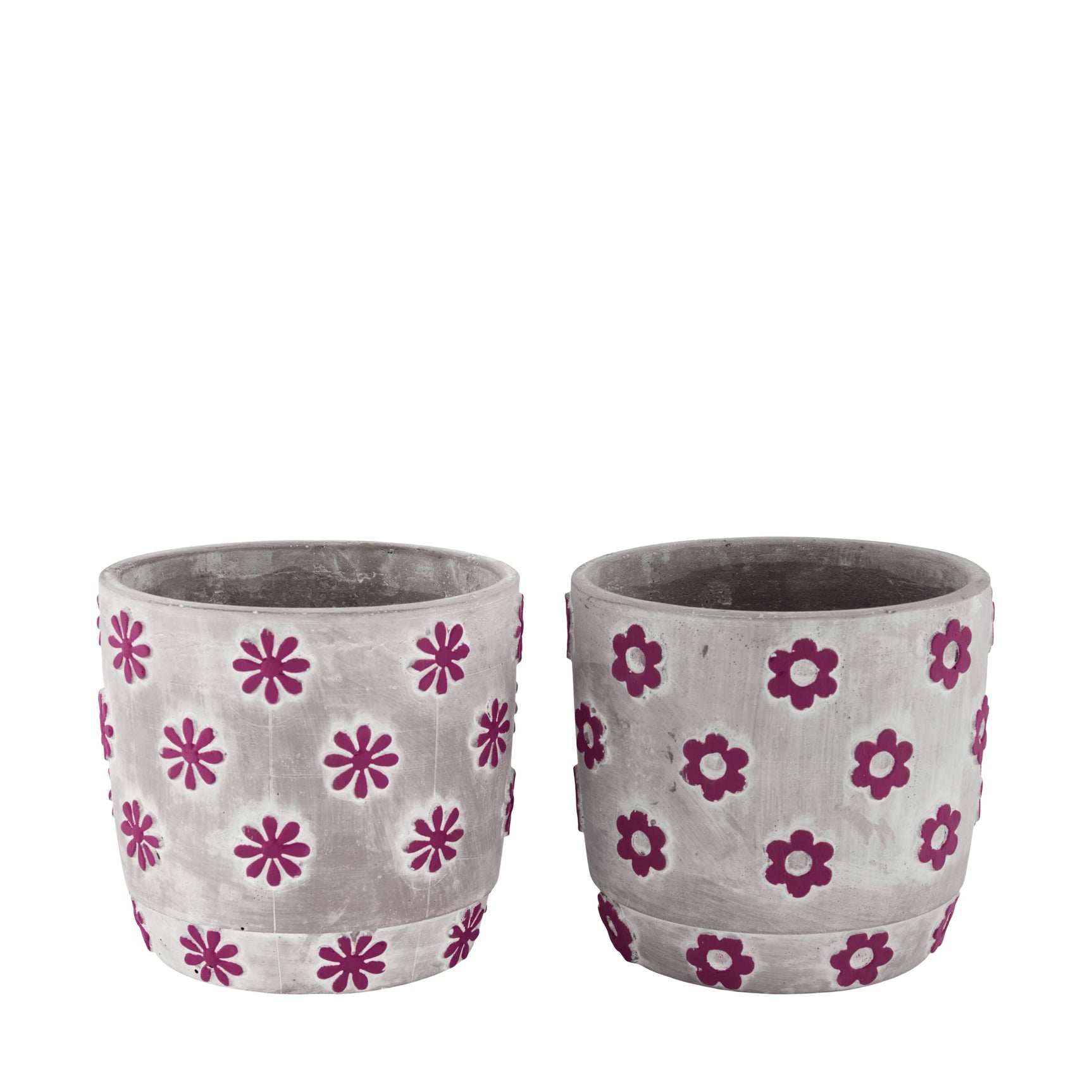 Keramische bloempot met roze/paarse bloemenprint, lichtgrijze potrand (2 stuks).