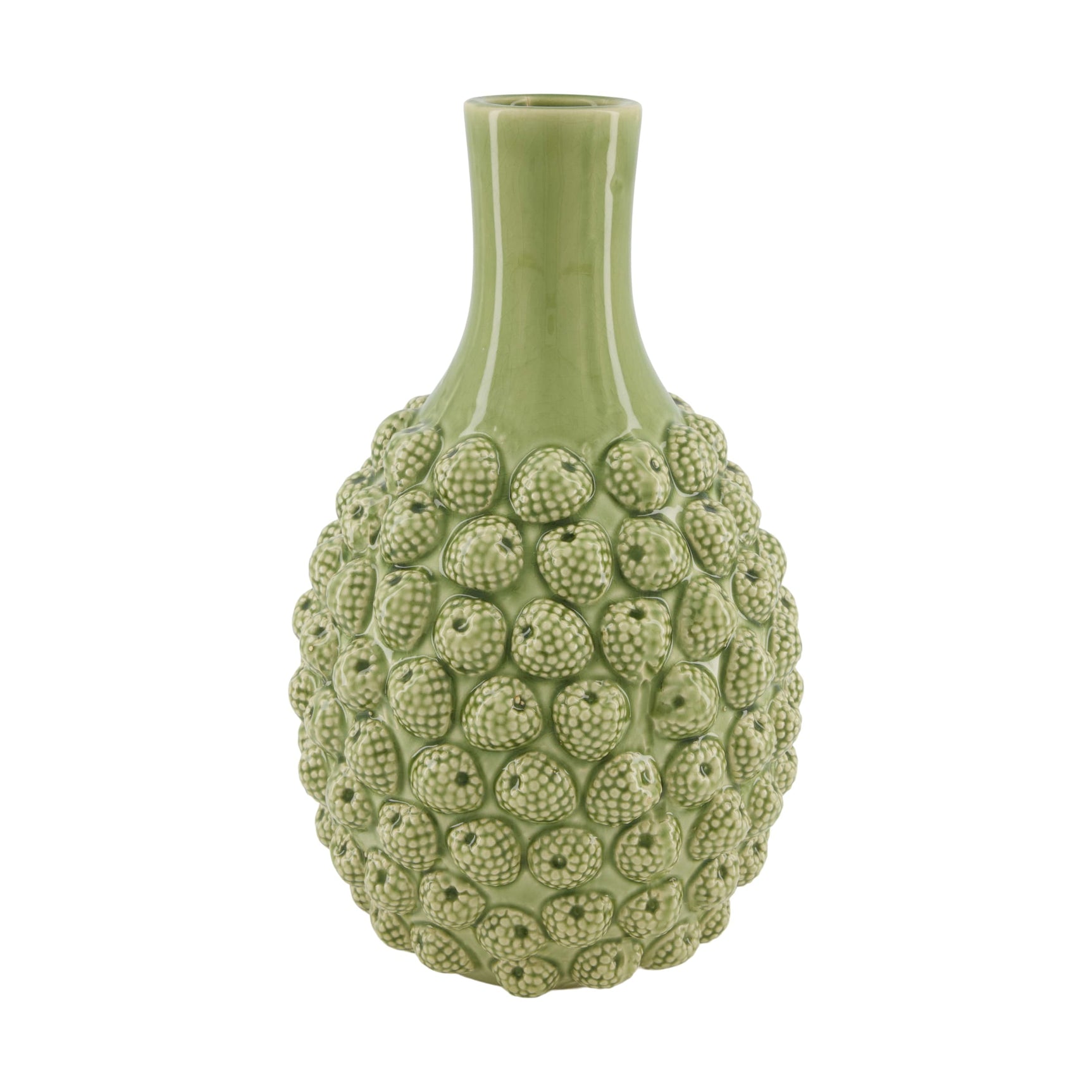 Groene keramische vaas met reliëf van framboosachtige bollen