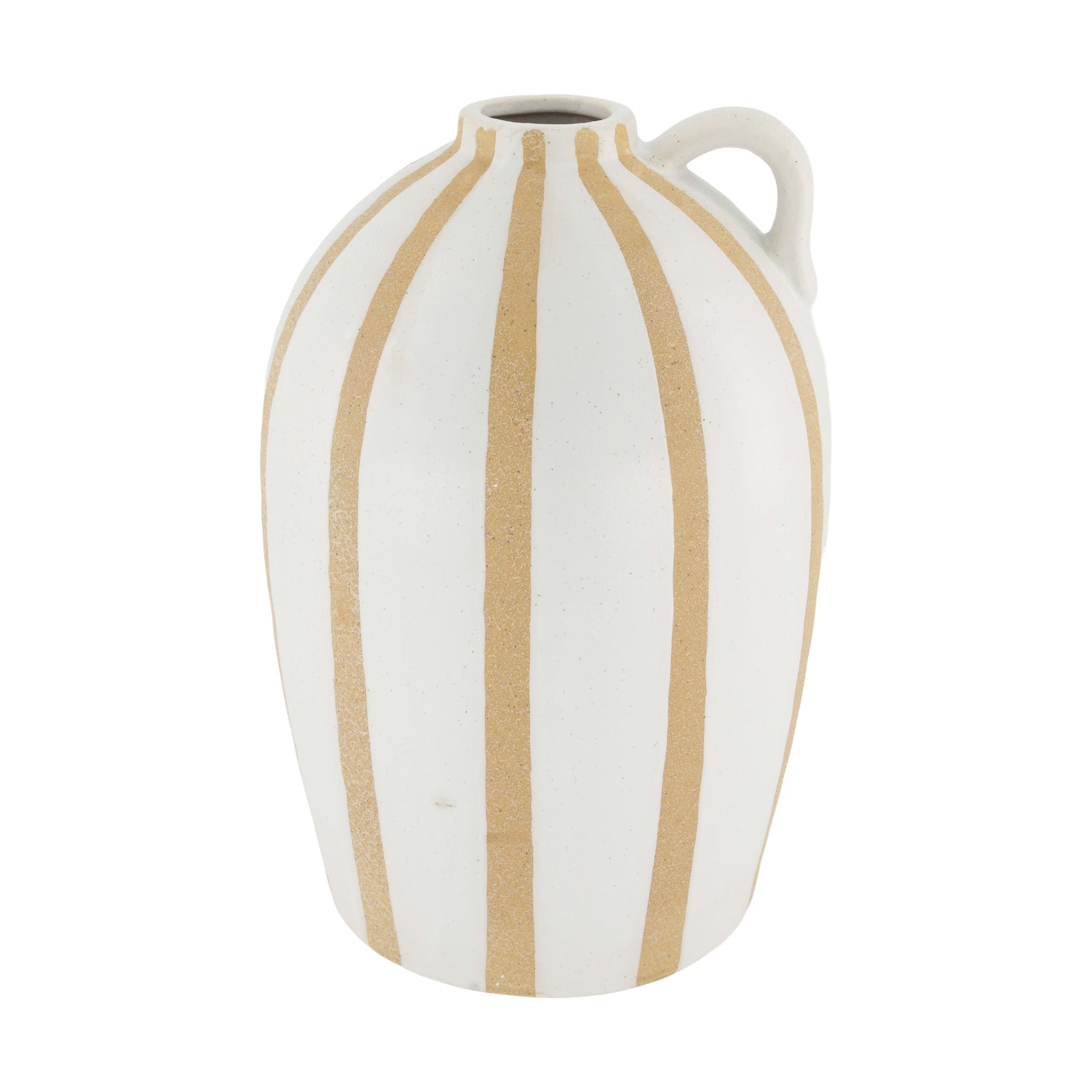 Keramieken fles met verticale beige strepen en handvat, wit glazuur