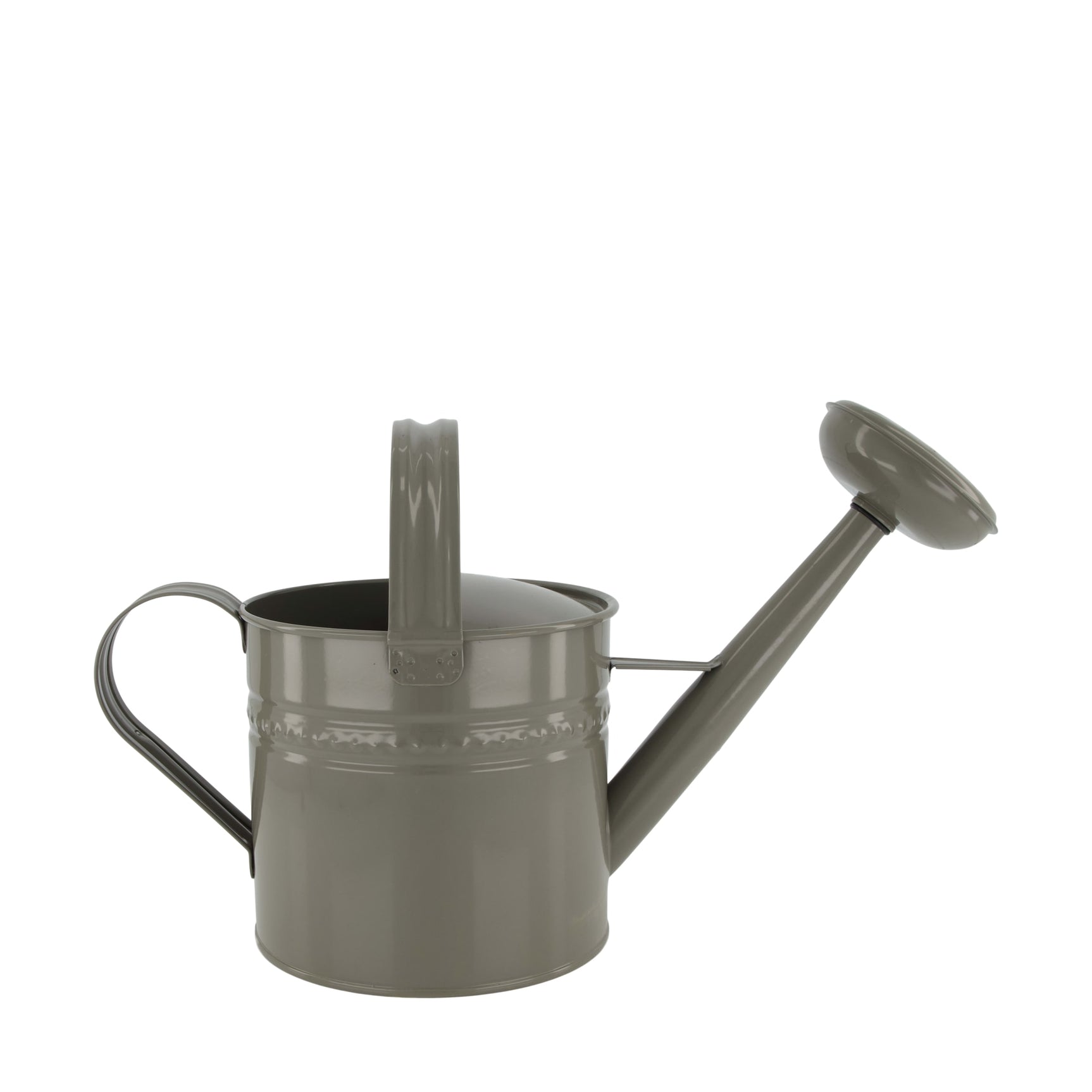 Metalen gieter met brede handgreep en sproeikop, matte grijze afwerking