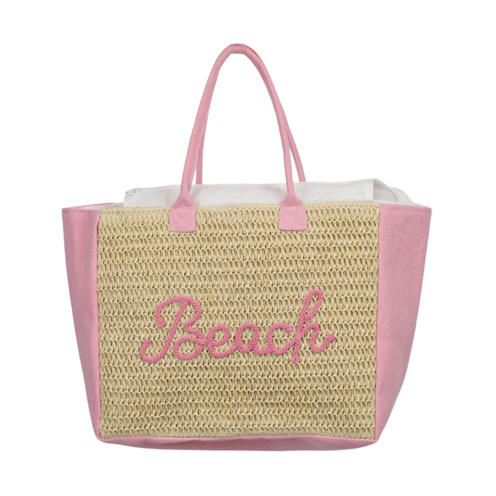 Rieten tote tas met roze biezen en hengsels, geborduurde 'Beach'
