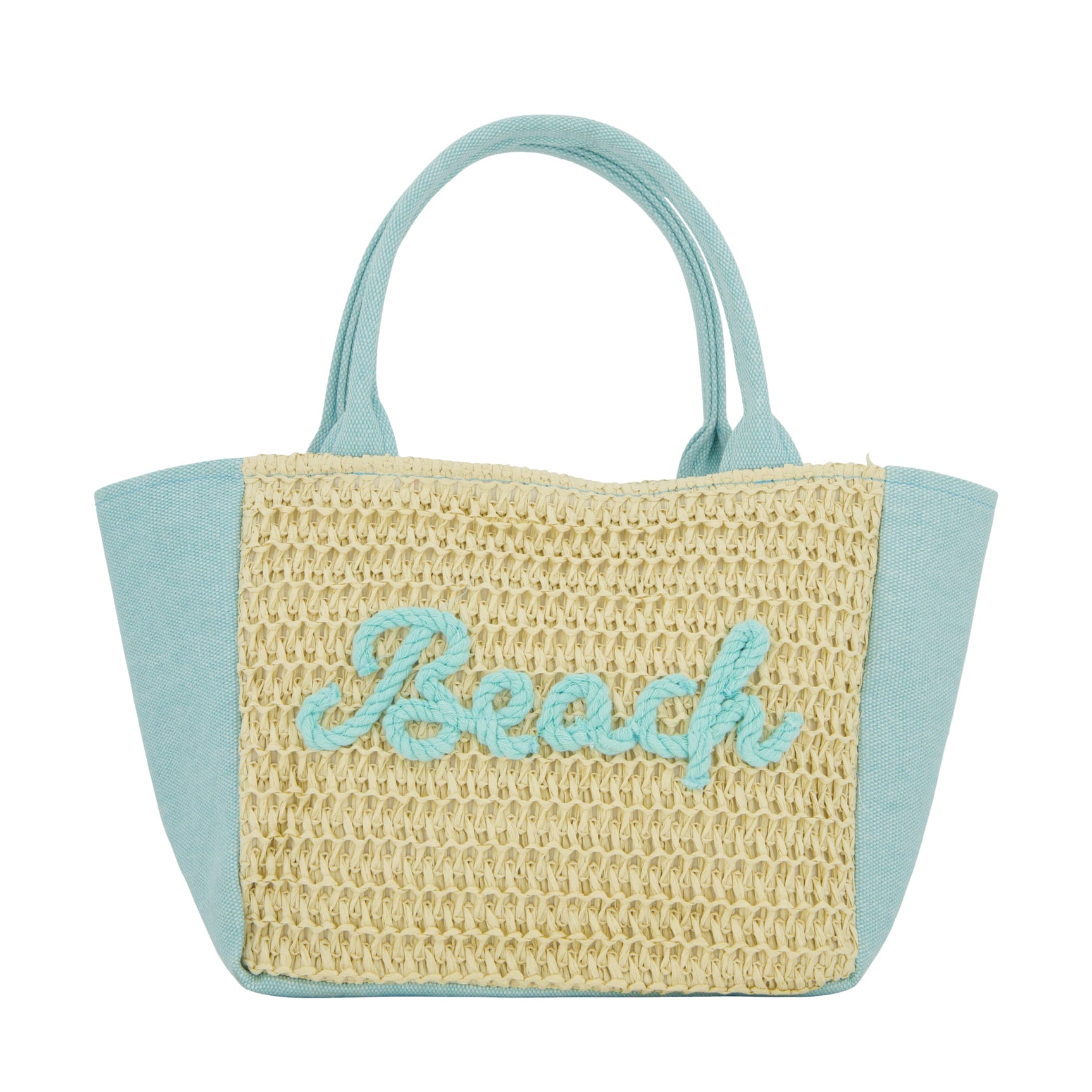 Geweven strandtas met turquoise hengsels en beige textiel met opschrift
