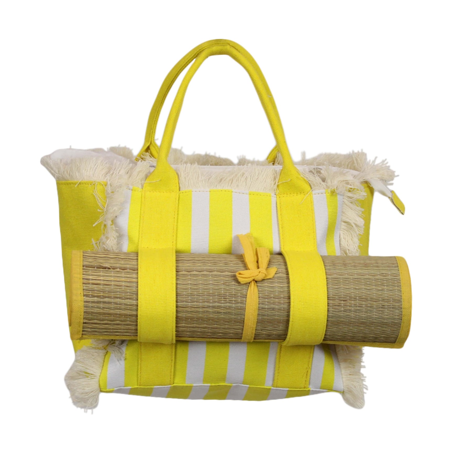 Natuurlijke jute tas met gele hengsels en gestreepte voering, franjes en rolband