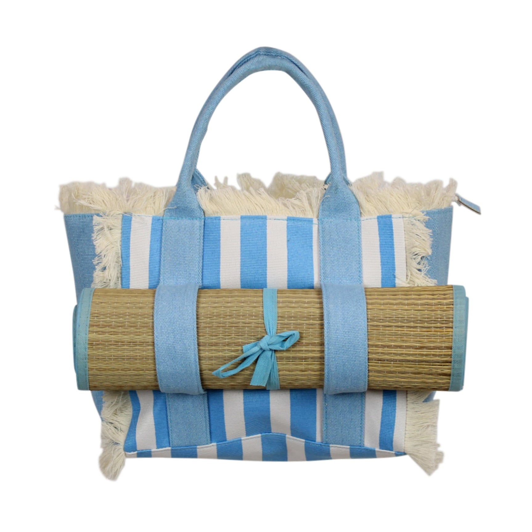 Canvas tas met mat, blauwe en witte strepen, blauwe hengsels en strikdetail