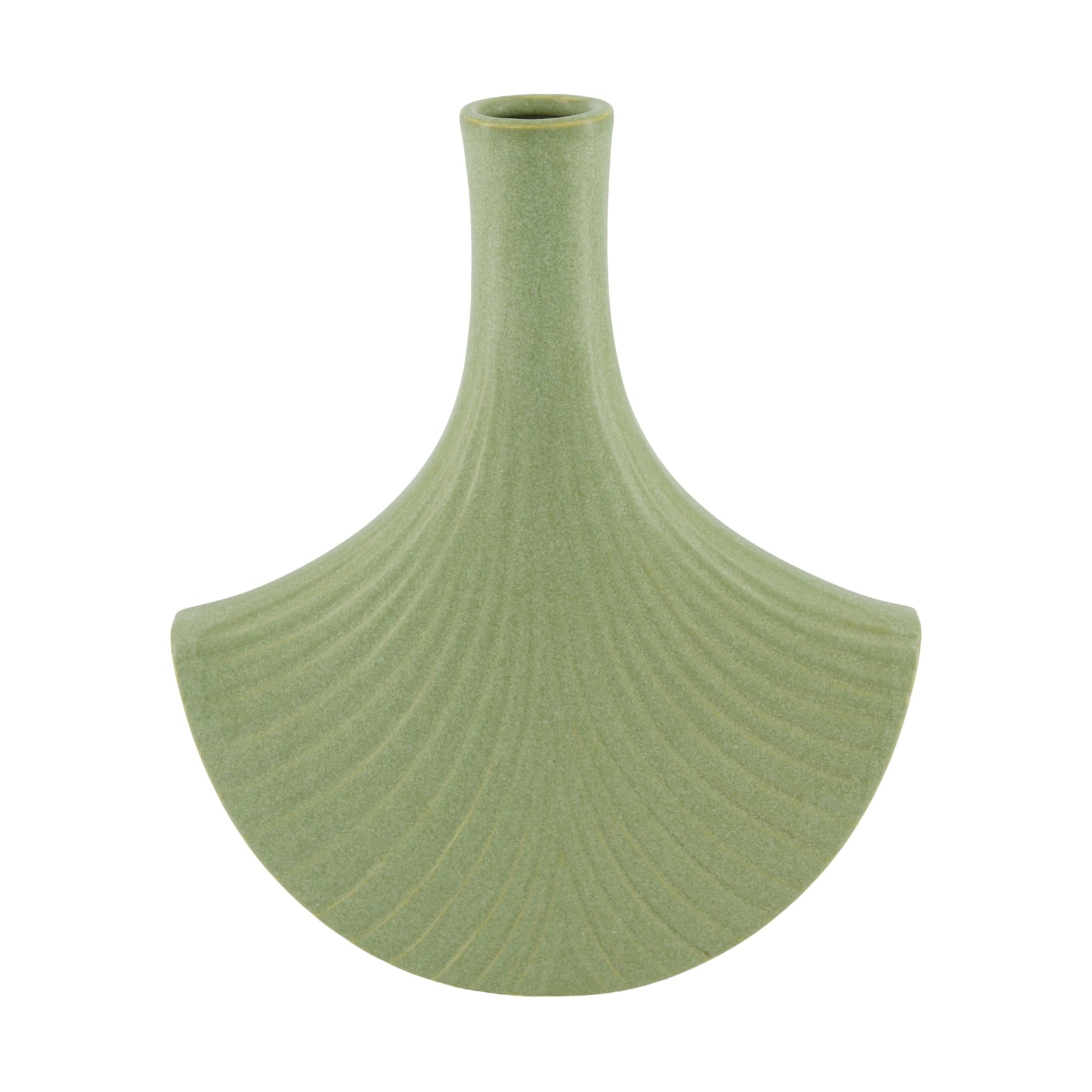 Groene keramieken vaas met wijde schouder en smalle hals.
