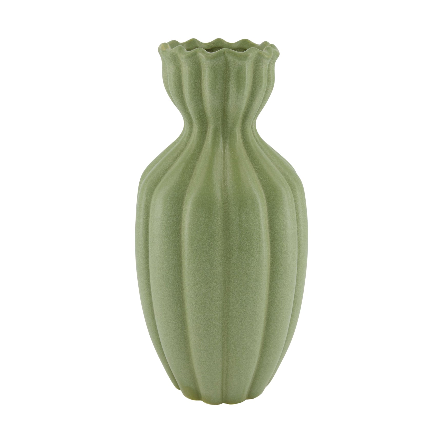 Groene keramieken vaas met geribde, golvende rand en taps toelopende vorm