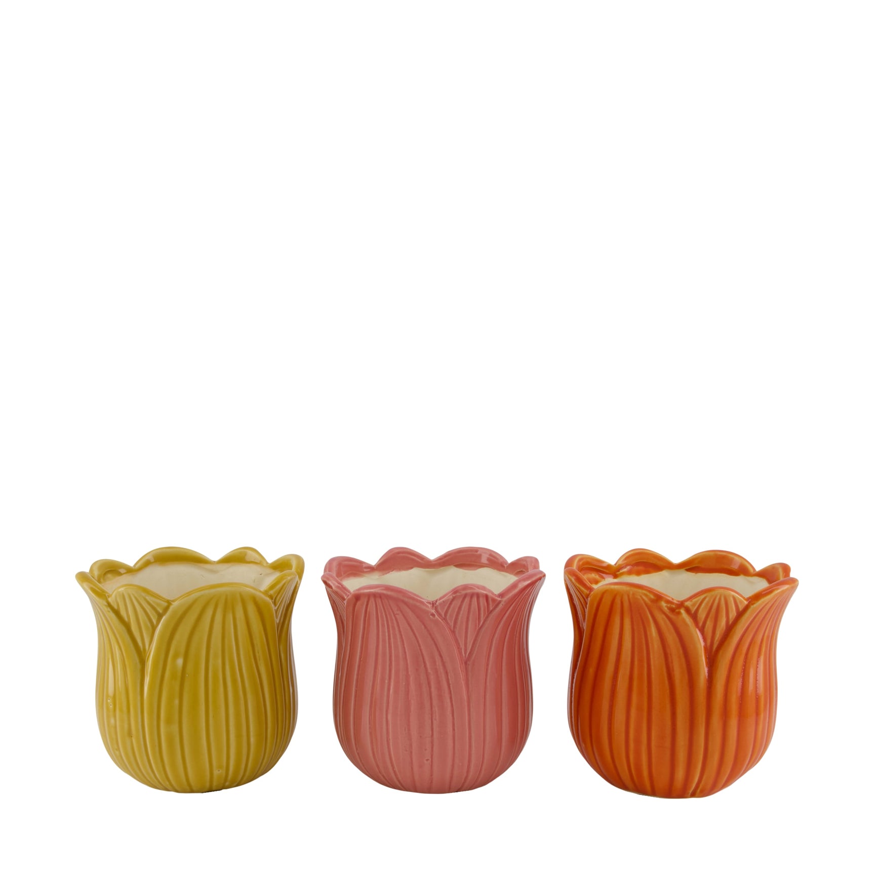 Keramische bloemvormige bloempotenset met drie kleuren: oker, roos en oranje.