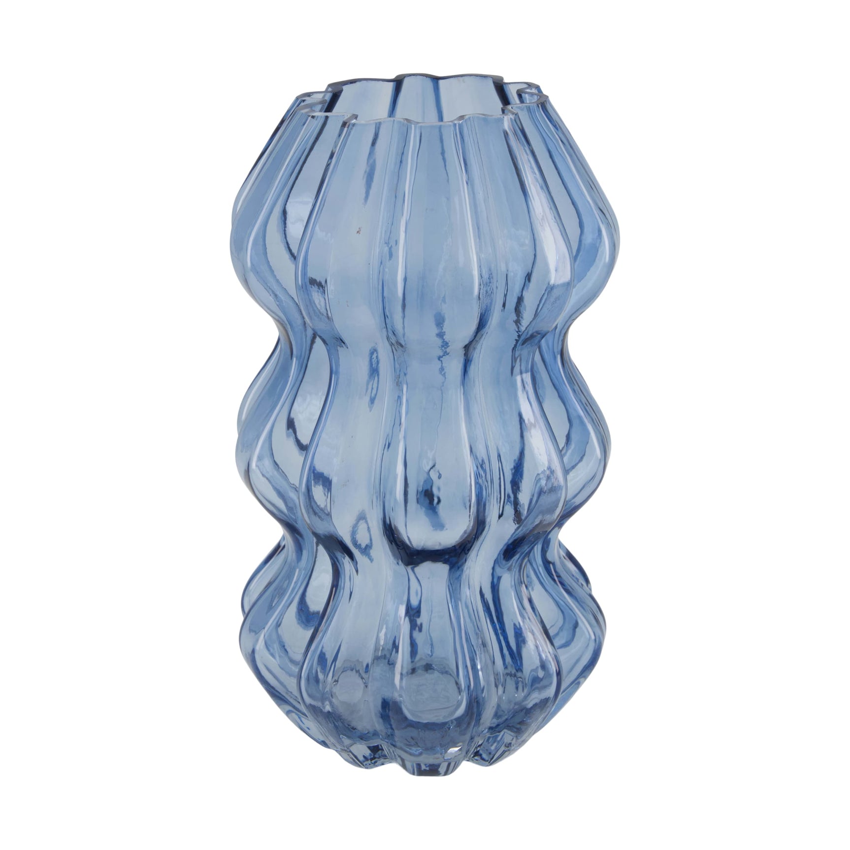 Glazen vaas blauw met geribbelde wanden en brede opening, 25 cm hoog