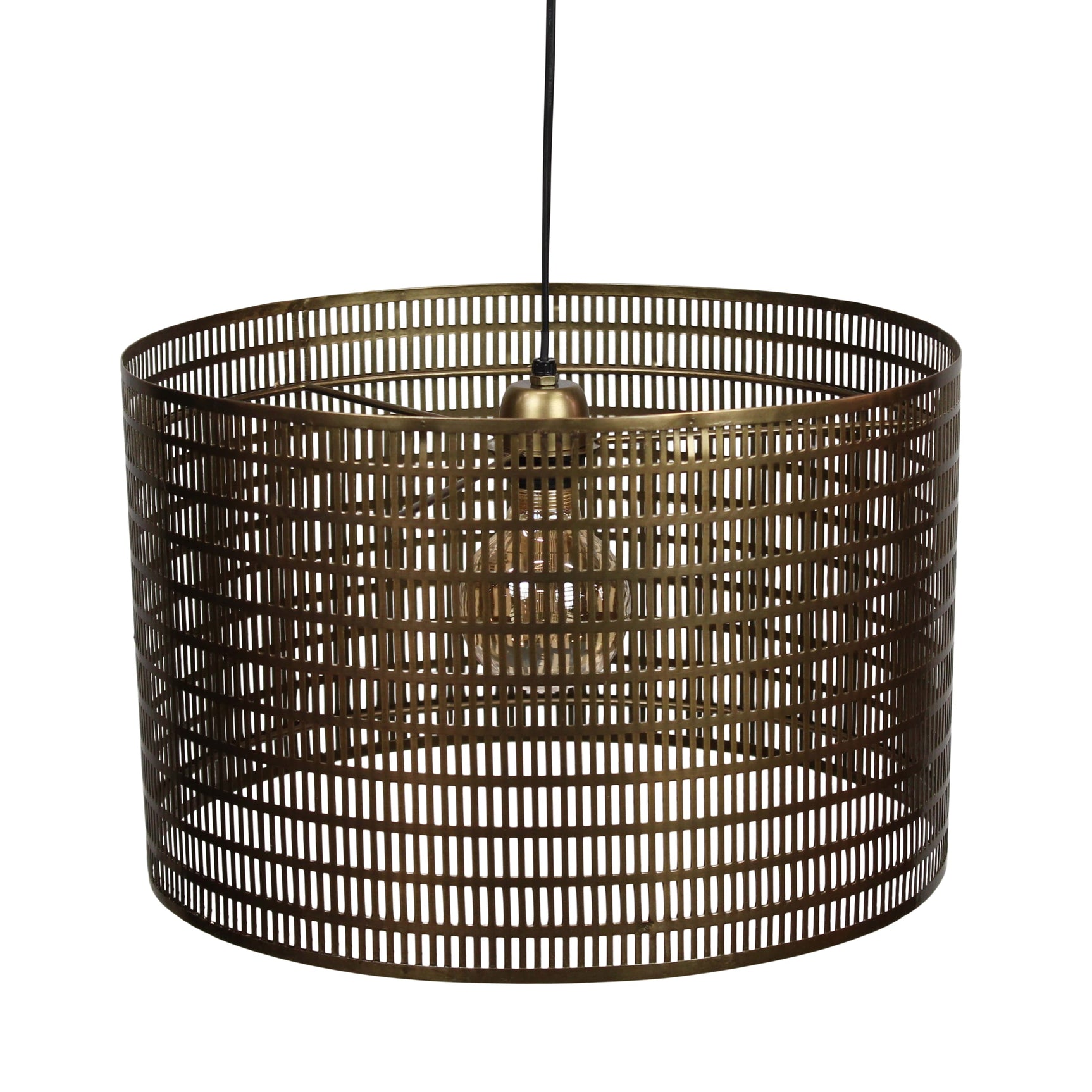 Ronde hanglamp van metaal met draadkooi en bronskleurige kap, aan plafondbevestiging