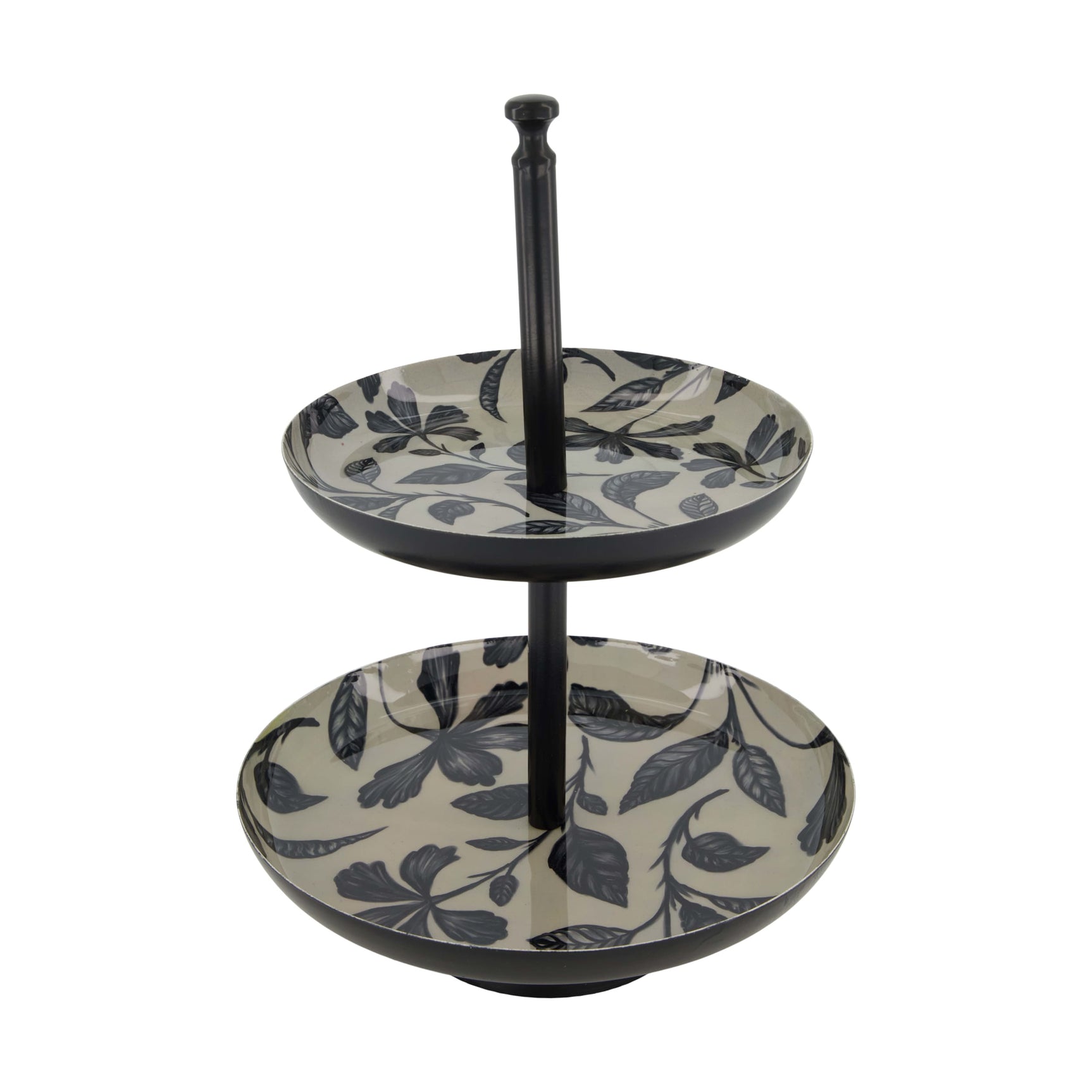 Etagiere rond met print zwart bladeren metaal 2 layers 26x26x35cm