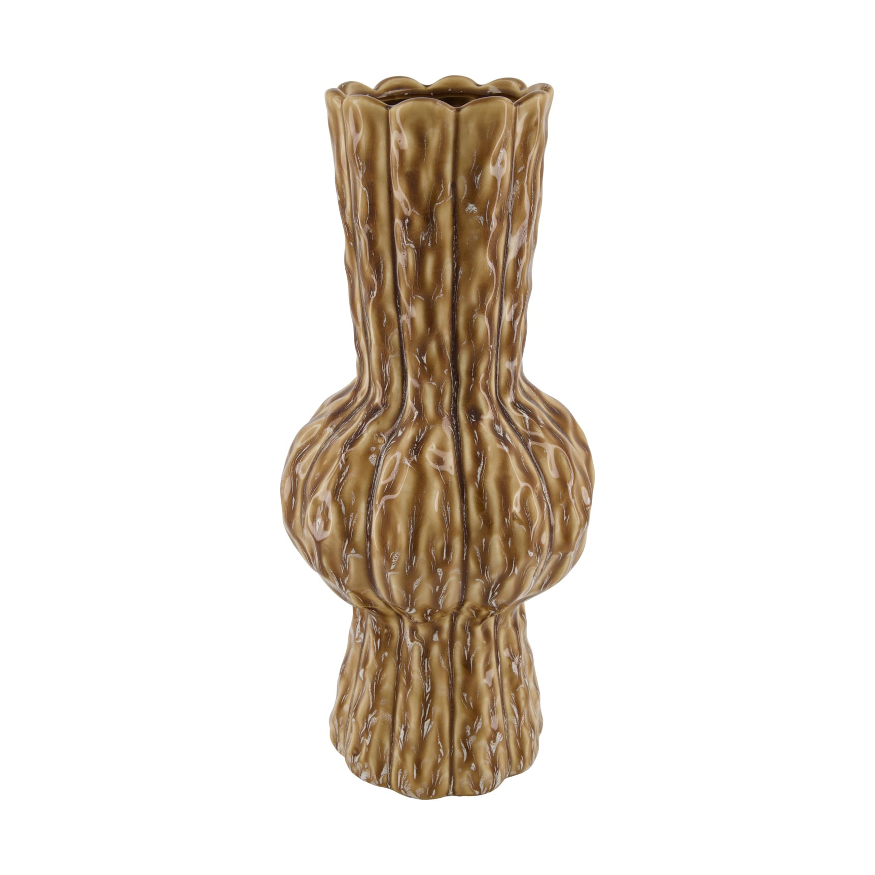 Keramieken vaas bruin met reliëf en golvende vormen, 18x18x40,5 cm