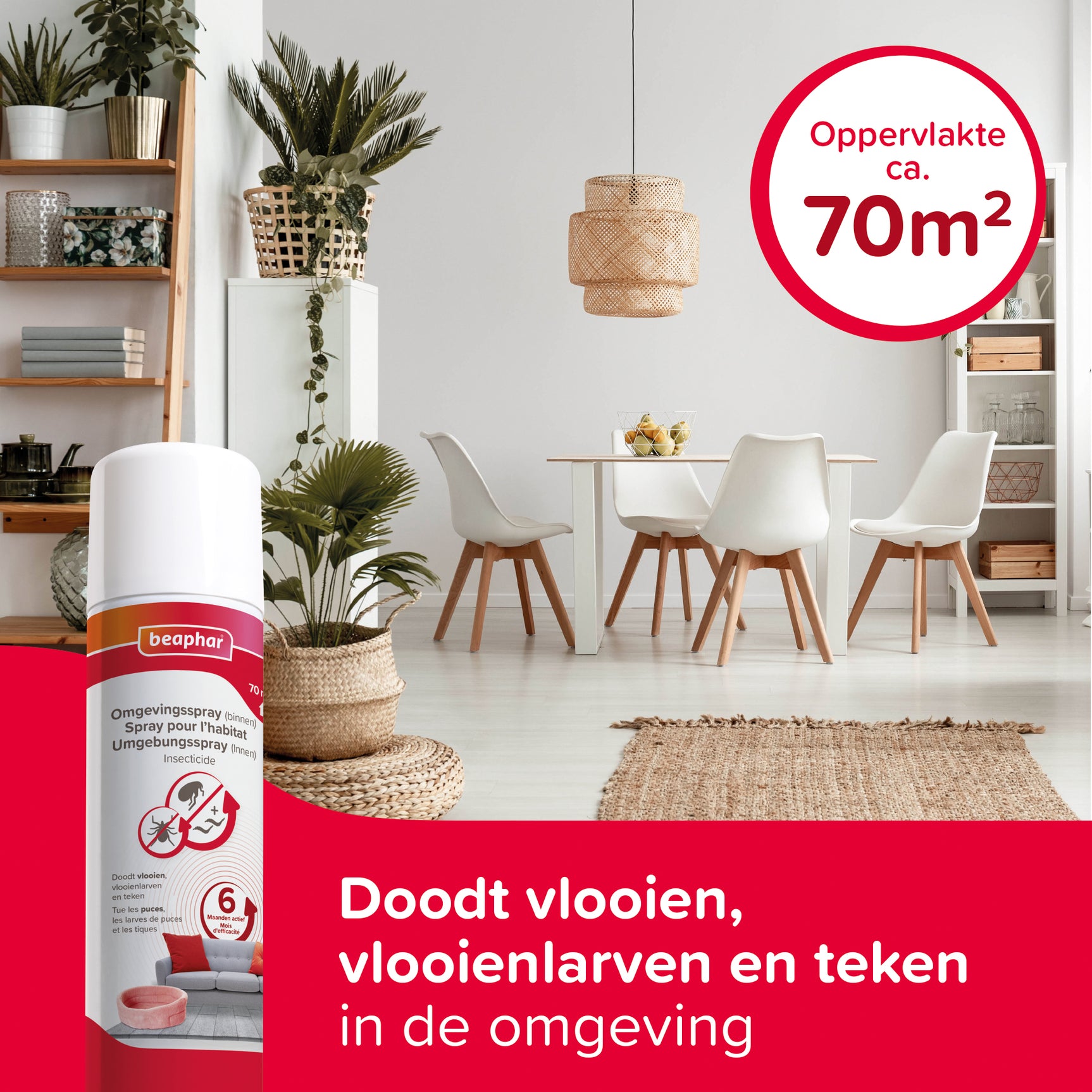 Beaphar omgevingsspray spuitbus met label 70 m2 en tekst Doodt vlooien.