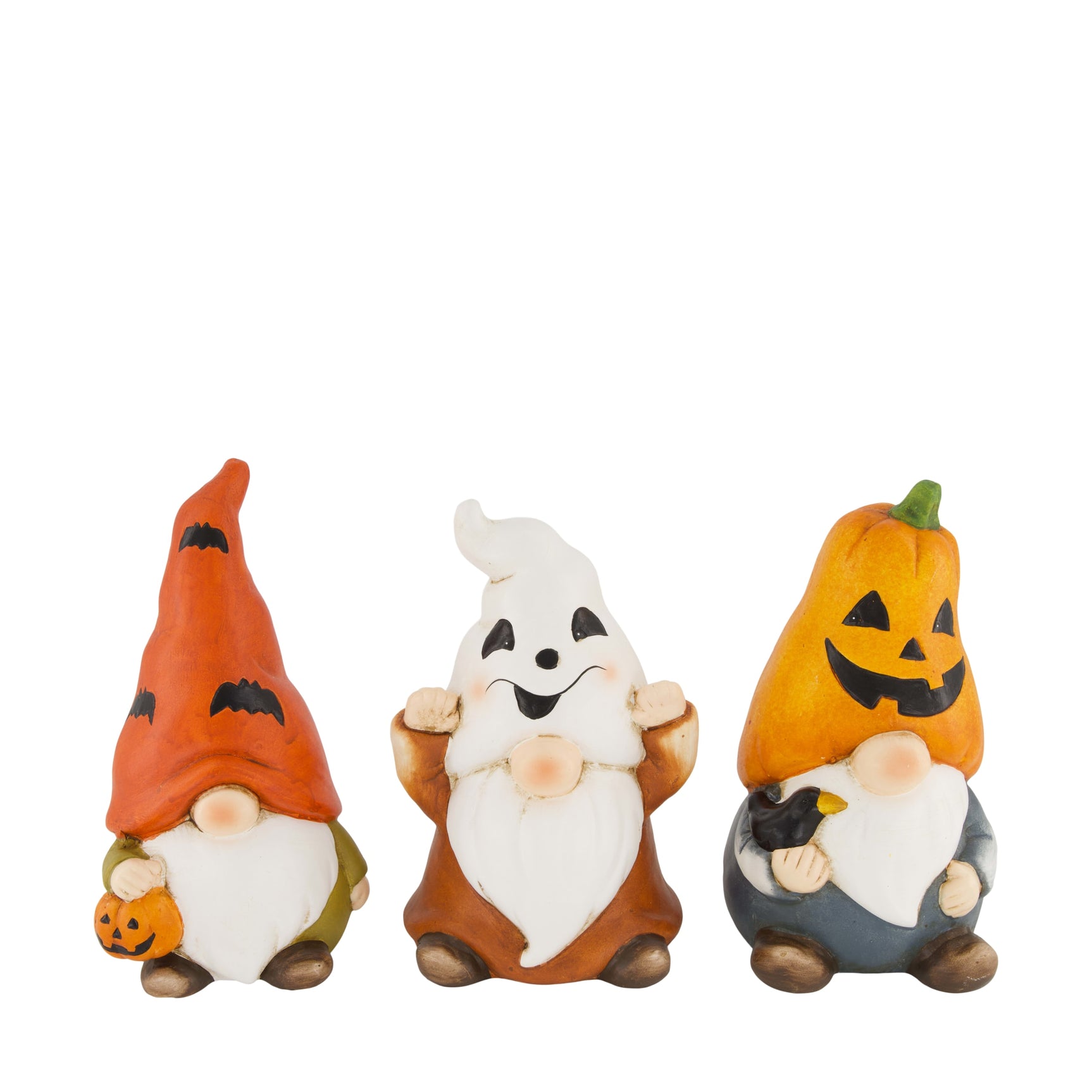 Halloween kabouterkeramiek set van 3 figuren, met pompoen en spookdetails
