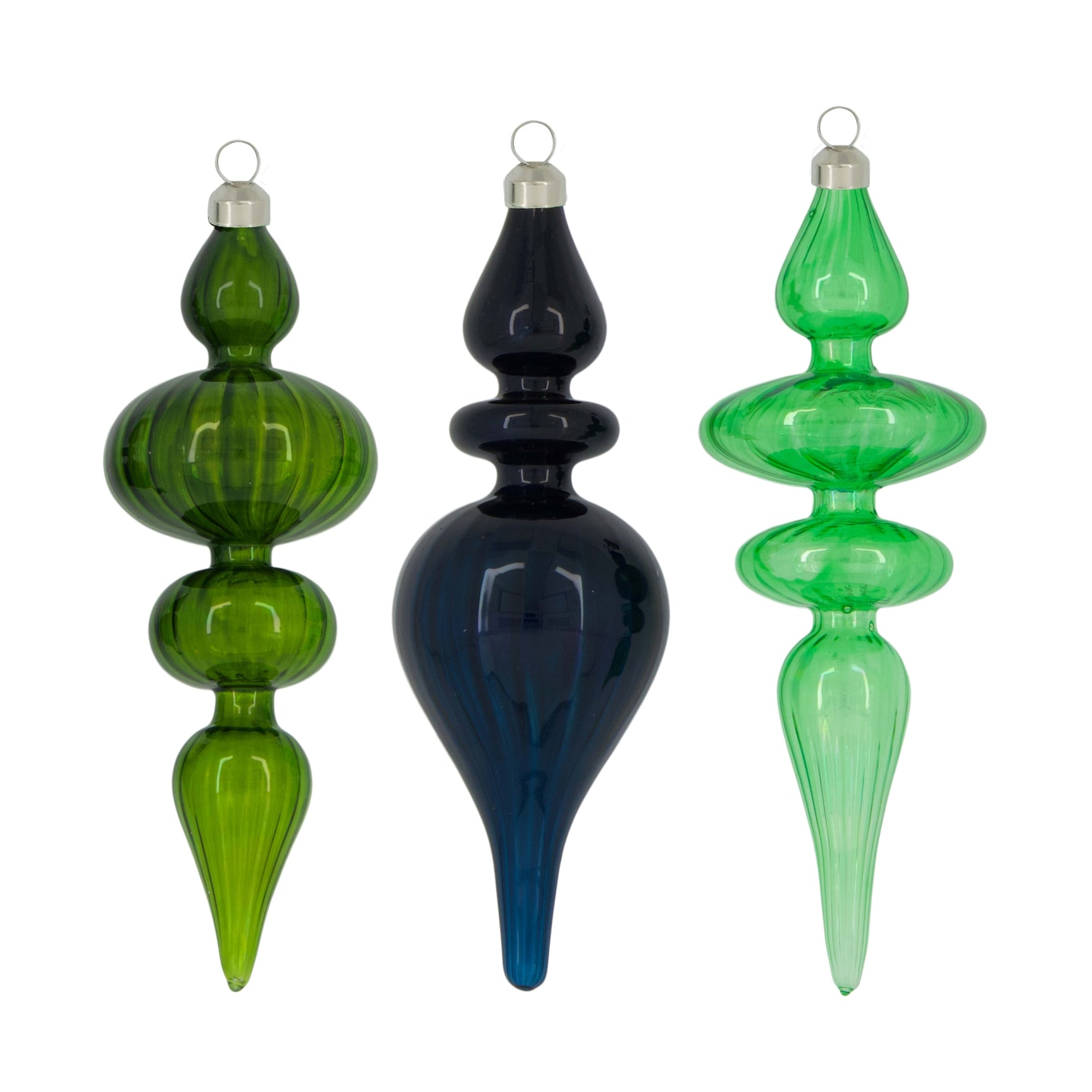Glazen ijspegel hangers, set van 3, met ophanglus; groen en donker