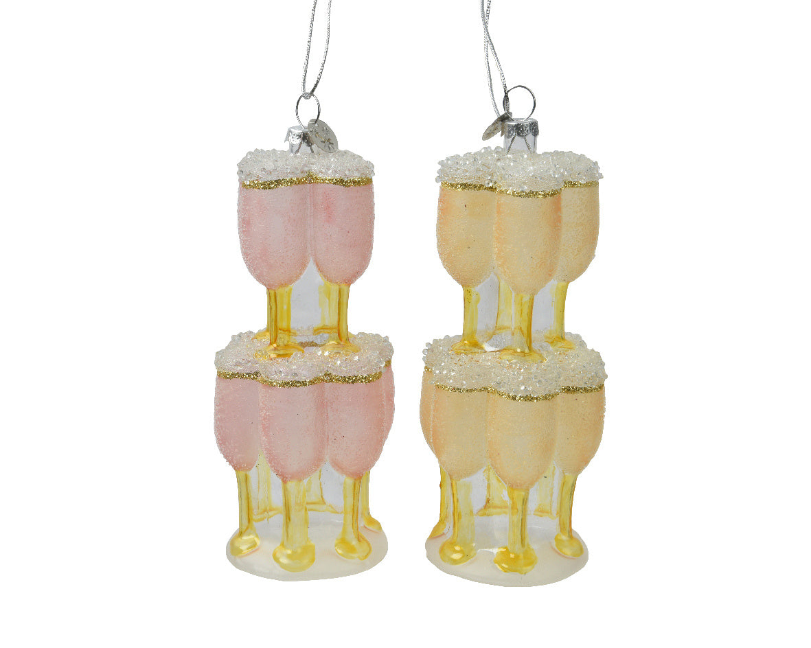 Glazen beker hangdecoratie, roze en geel, met glitterrand